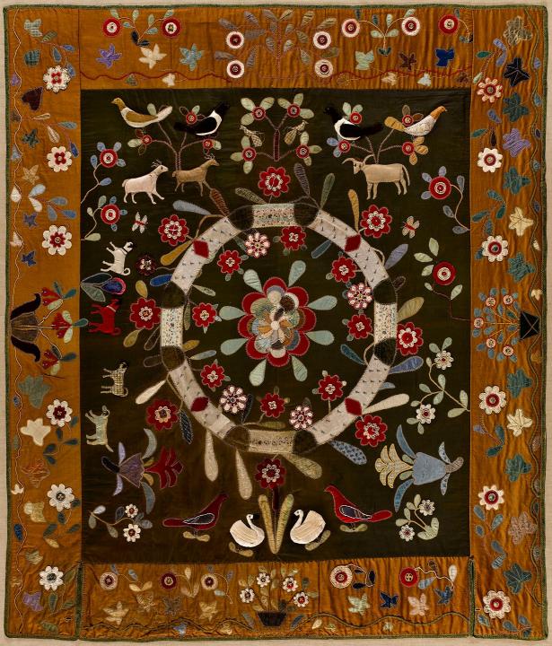 American Folk Art quilt, artist unknown, 1825-1845. Wool, silk, cotton, applique, beading and embroidery. Photo by Gavin Ashworth for the American Folk Art Museum .