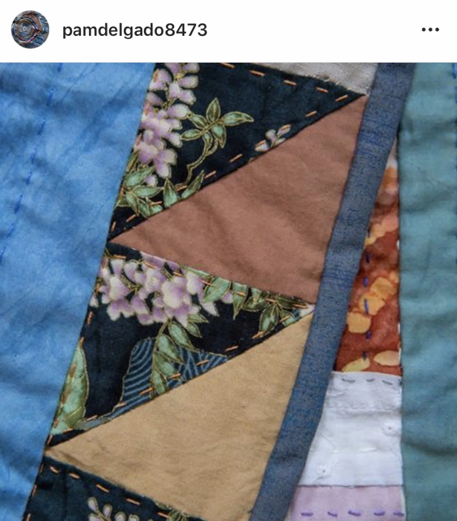 Detail of Pam’s border that mixes prints with my naturally dyed solids. Inspired by Pam’s tenacity, I’d like to try hand sewing a binding to a small quilt.