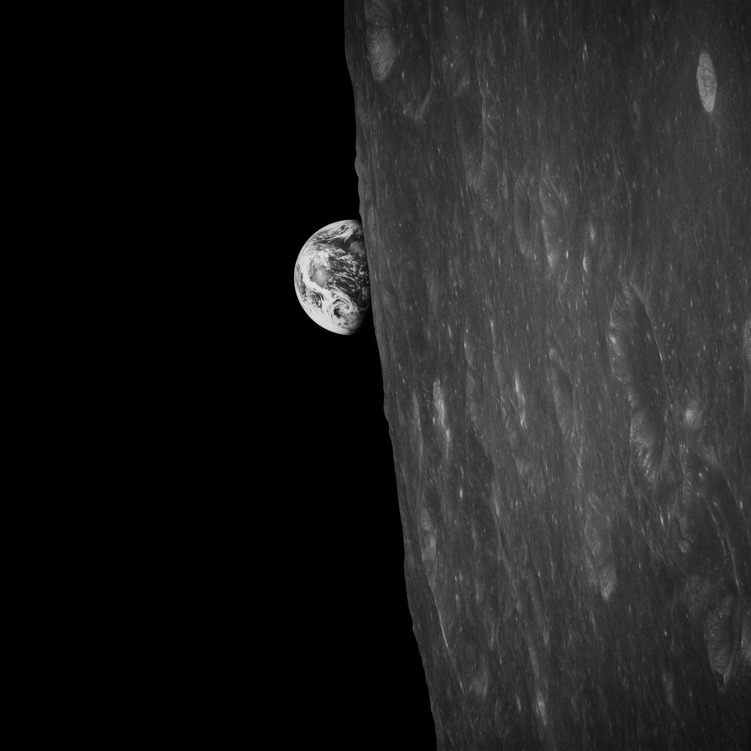  Apollo 8  The first earthrise photograph. Taken by Bill Anders moments before the more famous colour shot.  All ‘earthrise’ images are taken from lunar orbit, as the spacecraft comes around the far side of the Moon and sees the Earth once more. It i