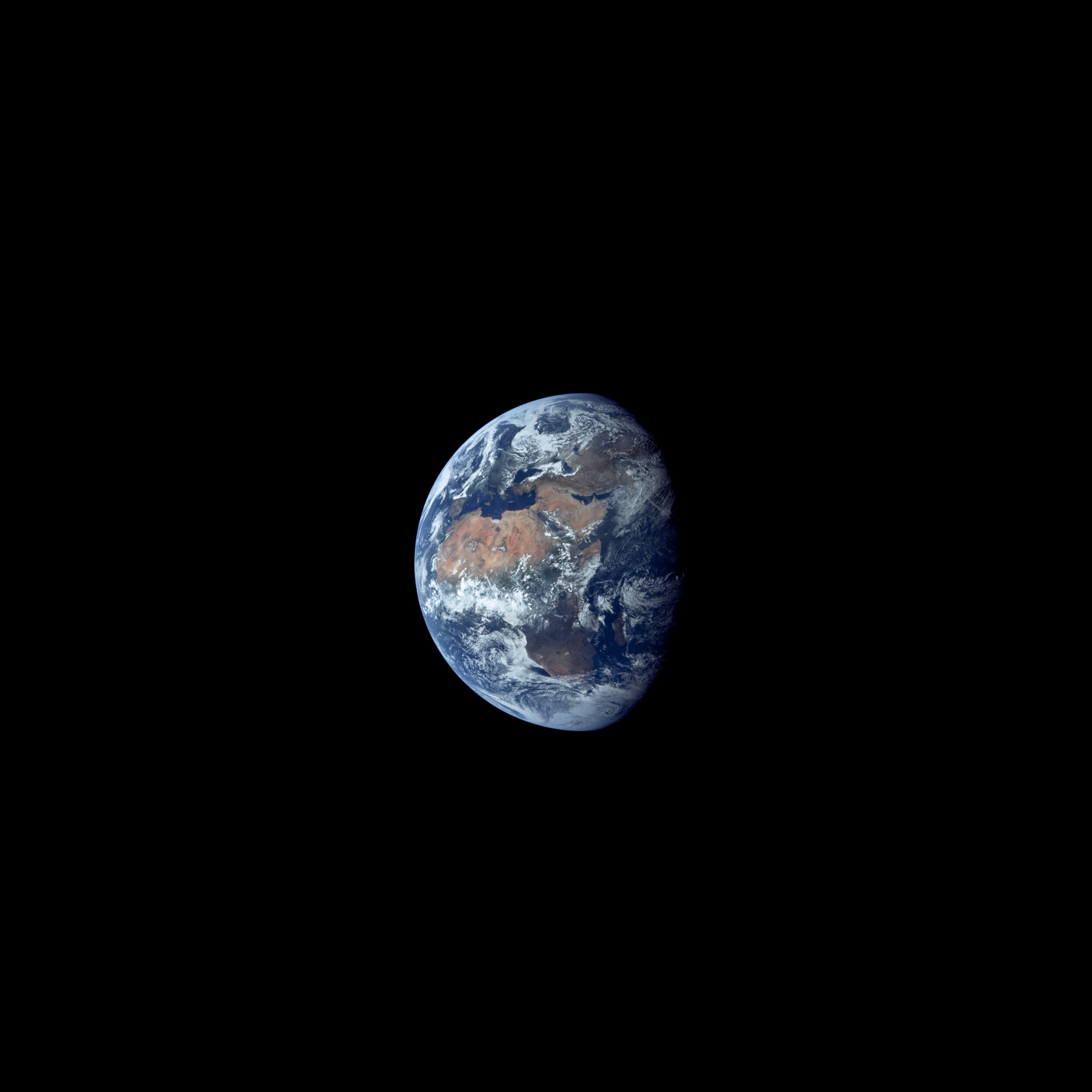  Apollo 11  A view of Africa, Europe, and the Middle East, taken by the Apollo 11 crew from about half way to the Moon.  This is the image of Earth that would later be sent on the Voyager spacecraft's golden records to represent humanity's home.   Fu