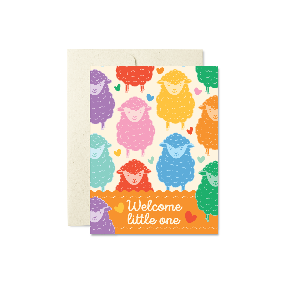 Cute sheep in different colors on a light background. Card reads "Welcome little one"