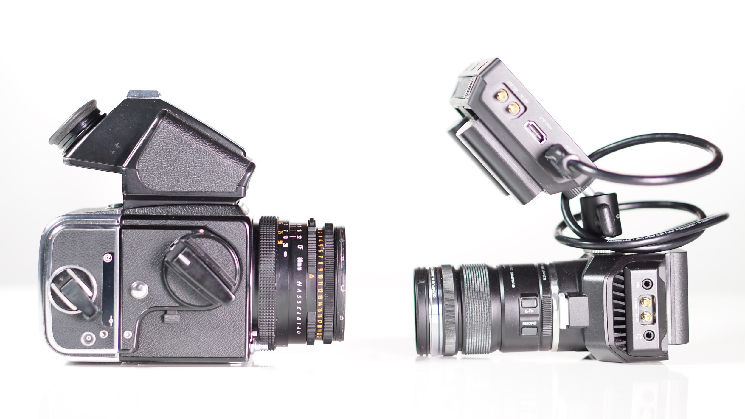 Hasselblad 500C/M with A12 back, Zeiss 80mm f/2.8 Planar and angled prism finder; Blackmagic Design Micro Studio Camera 4K with Video Assist and Olympus M.Zuiko ED 12-50mm f/3.5-6.3 PZ