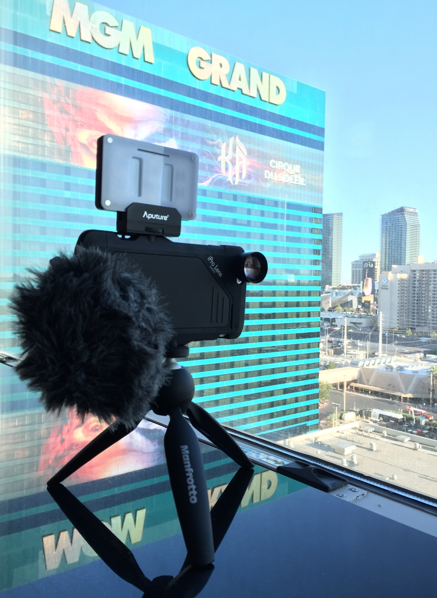 Apple iPhone 6s+, iPro case, iPro 2x lens, Manfrotto Pixi mini-tripod, RØDE Videomic Me, Las Vegas NAB 2016