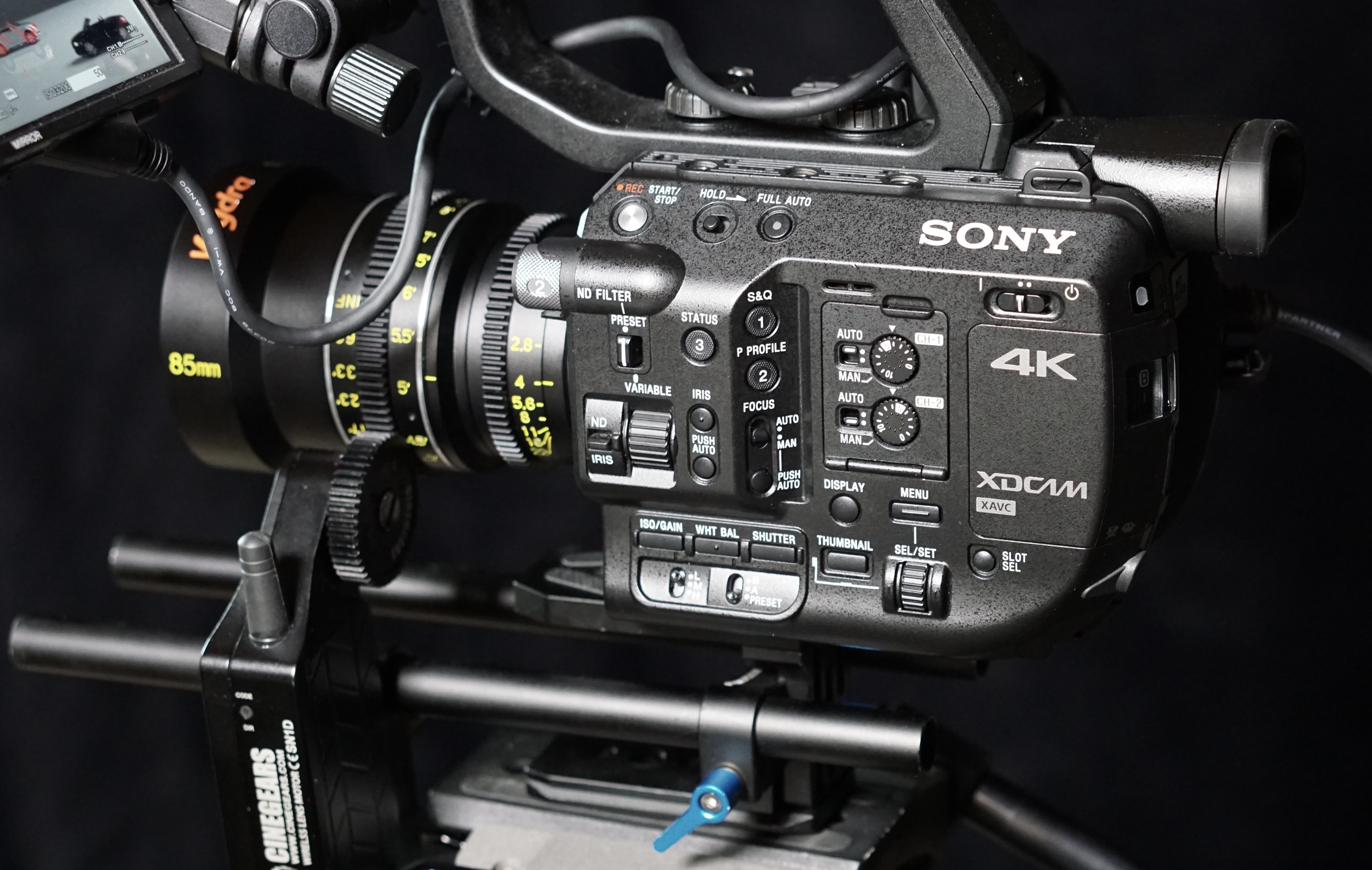 Cinegears attached to Veydra 85mm T2.2 Mini-Prime in Sony e-mount on Sony FS5 - killer combo. But my no-name cheapie rod system has got to go: it was so bendy that the whole camera shook at the beginning and end of each pull when operating at anything other than slowest speed.
