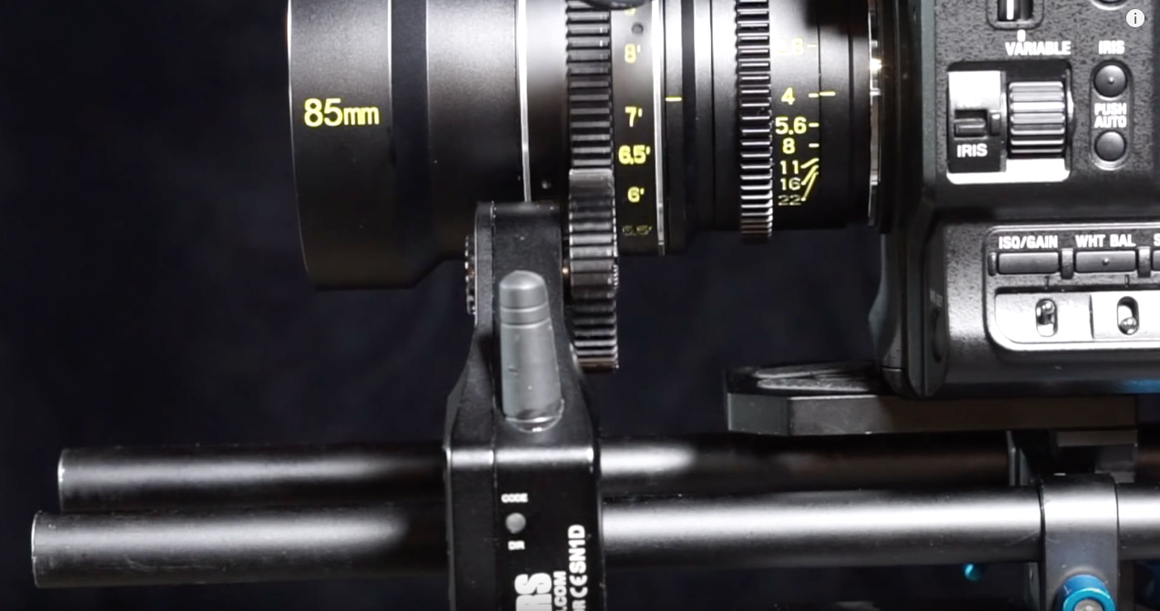 Sony FS5 with Veydra 85mm T/2.2 in E-Mount with Cinegears wireless follow focus. The FOTGA was just a little too bendy, a little too...scary to try this again. Love the camera and the lens, though.