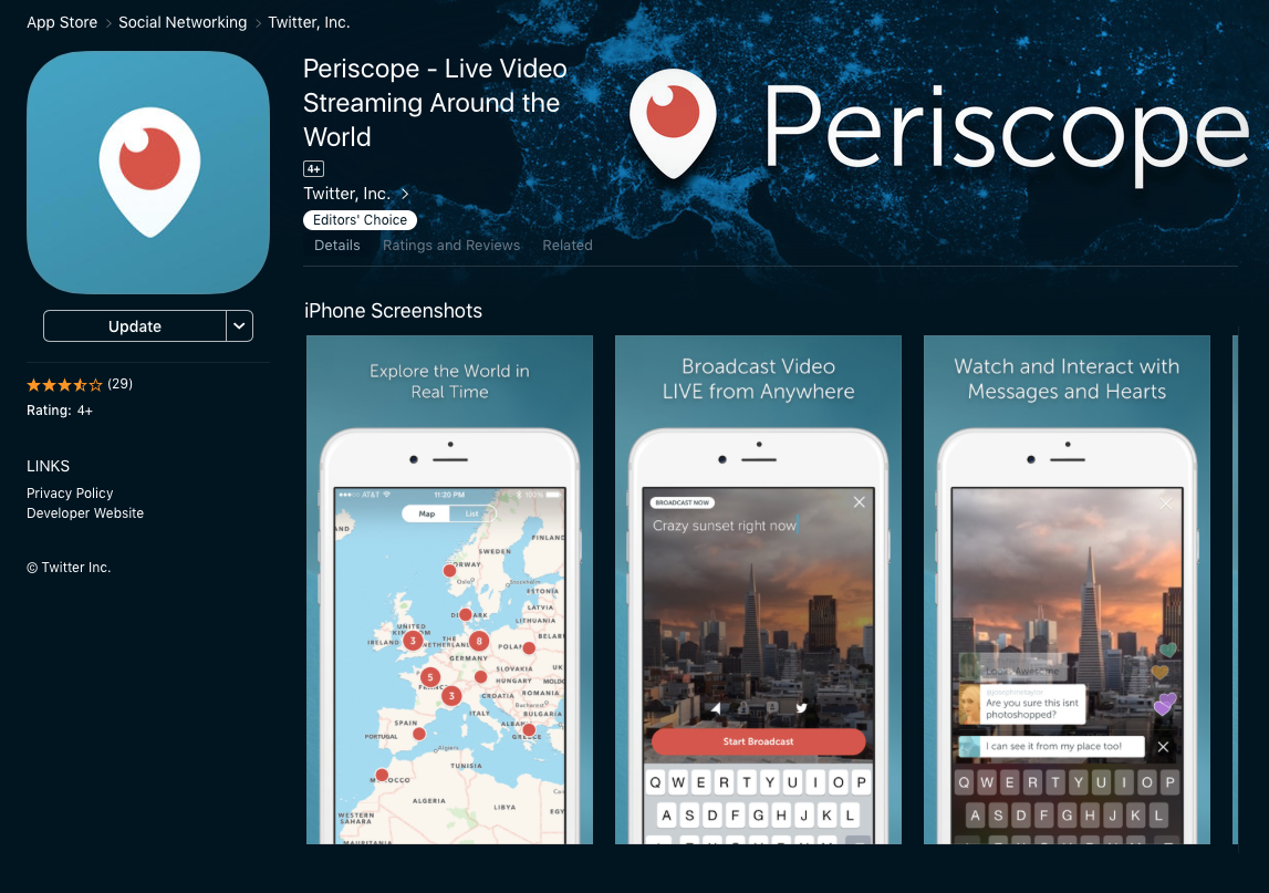 Periscope is not much more difficult than twitter -- no setup involved -- making it an easier choice for me than the other app I contemplated, Wirecast Go.