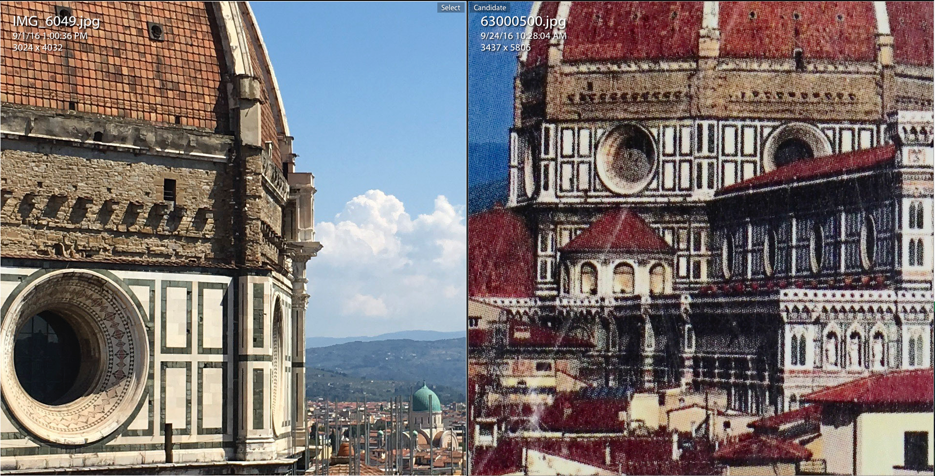And here's the image from the beginning of this post on the left, with the Eye Witness cover on the right, side by side in Lightroom, zoomed in equally