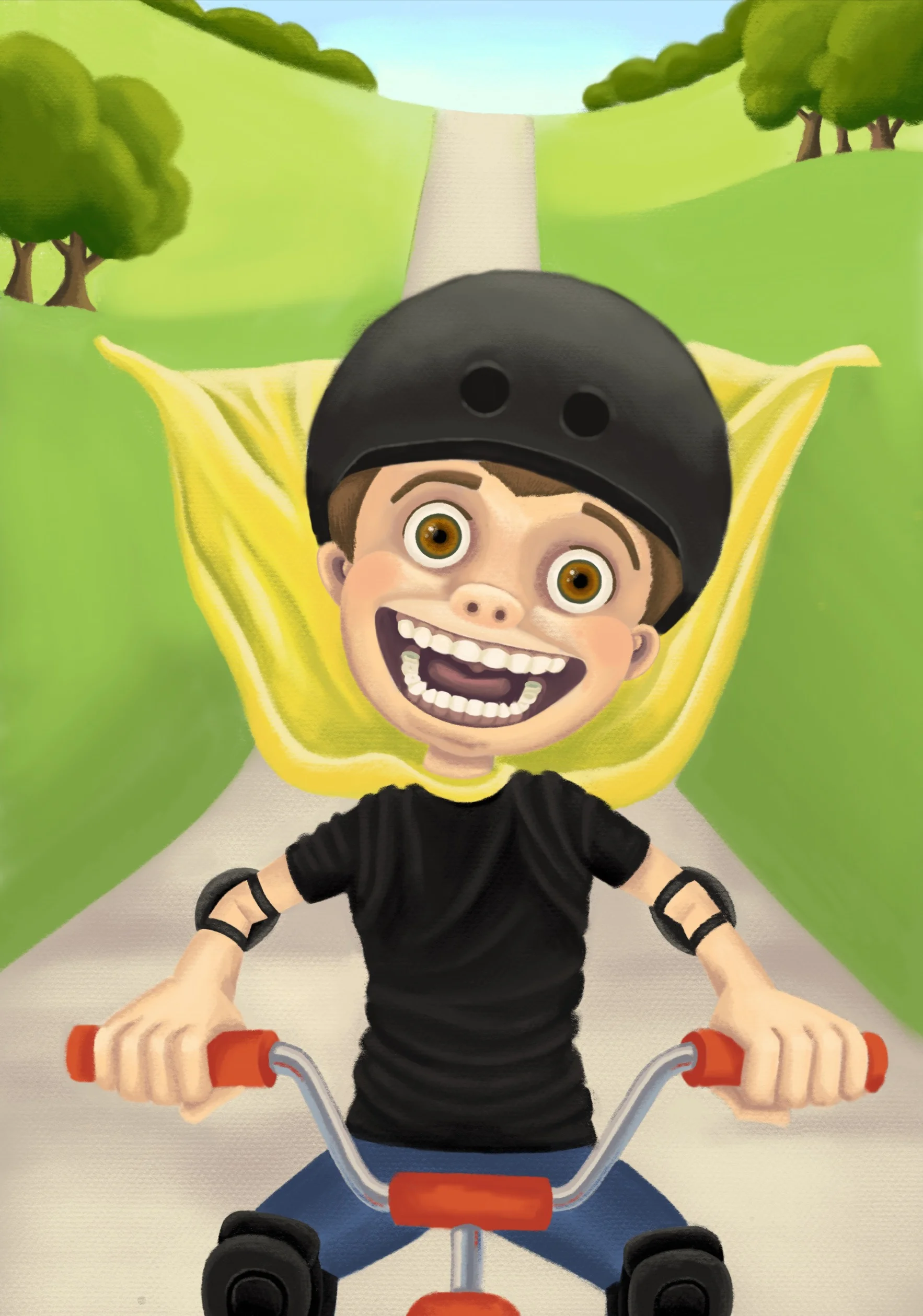 April 2016: Note the forced stylization to compensate for lack of anatomical structure. Everything is generic (trees, grass, road, sky, clothing, bike) because nothing was researched except for the helmet because we have one of those. I opted not to include the rest of the bike because drawing bikes is hard!