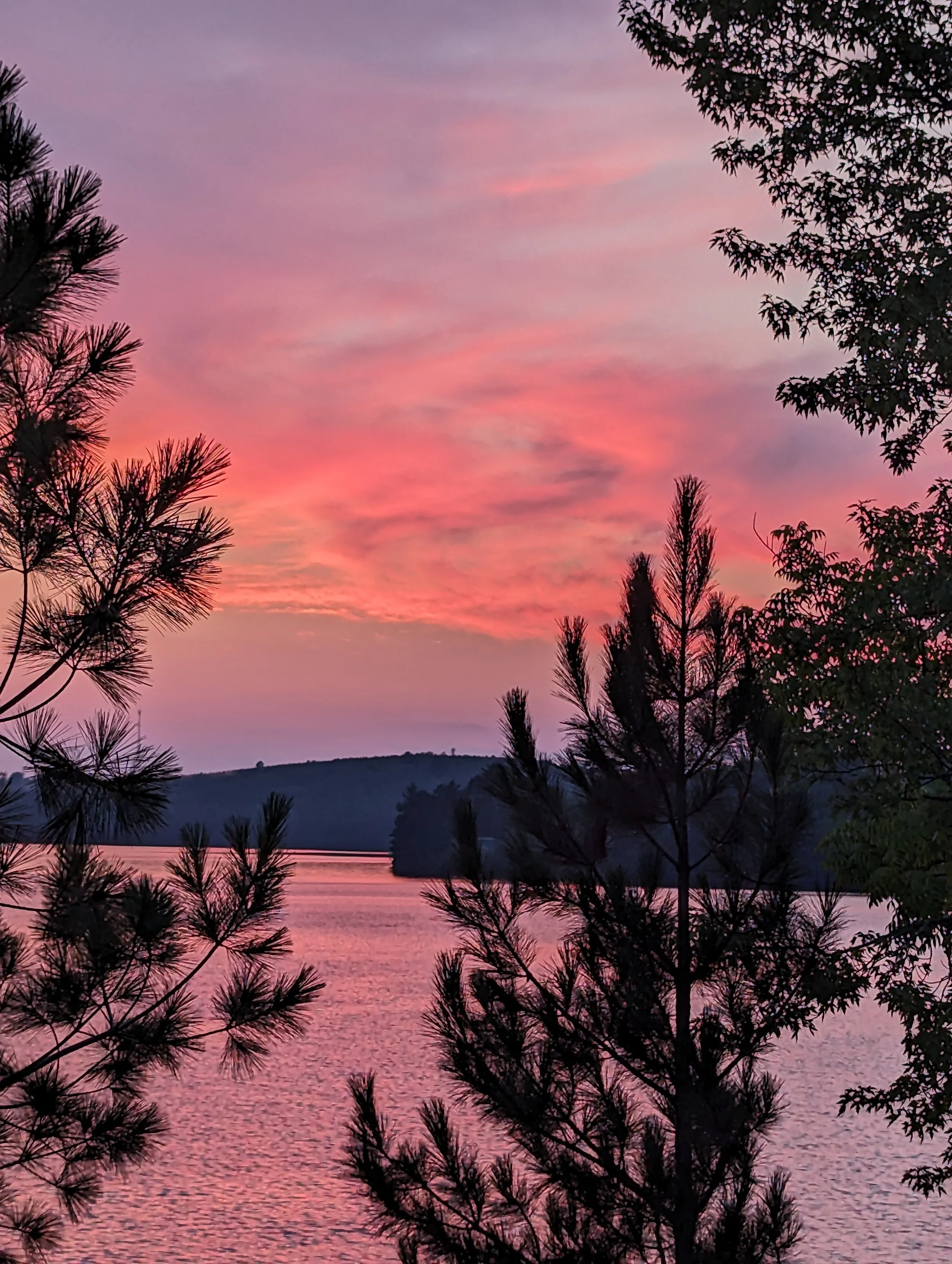 Sunset over White Iron Lake, still water glowing gold and pink beyond the pines