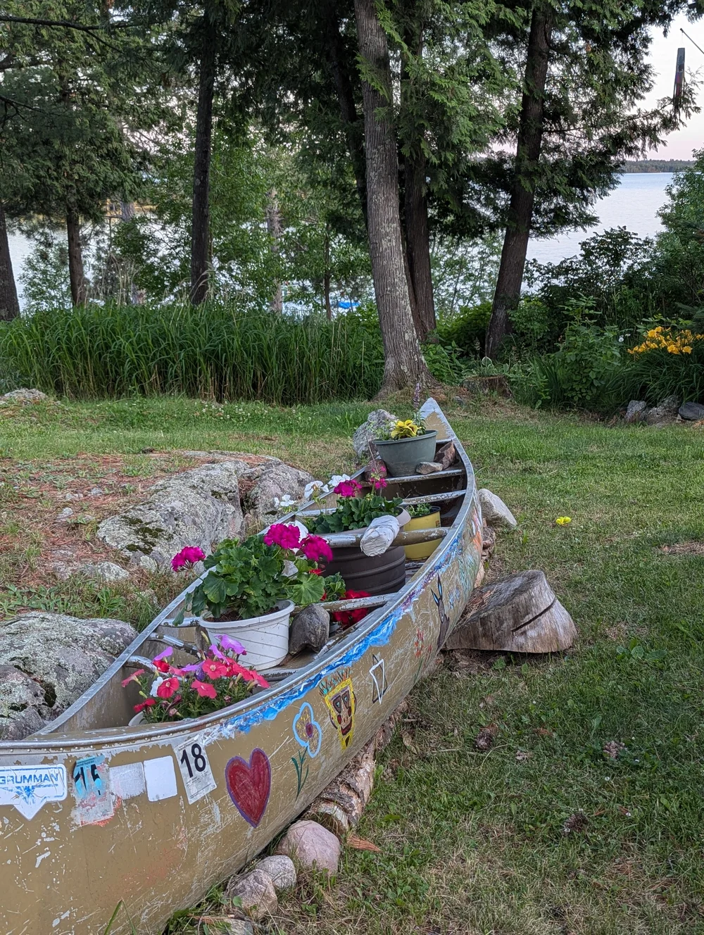 A canoe resting in the lakeside garden