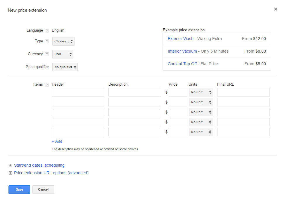The price extension template in the AdWords interface