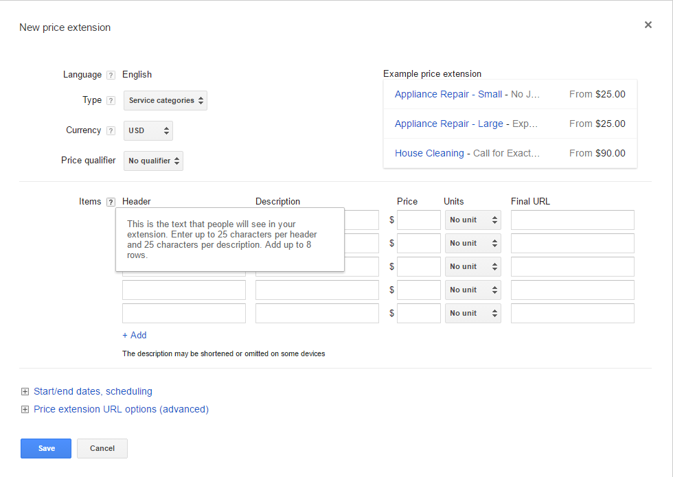 View of additional price character and item limits for price extensions