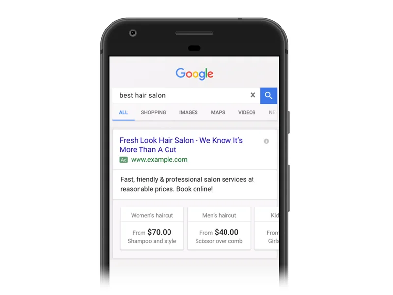 Example of a Price Extension in Mobile Search Results