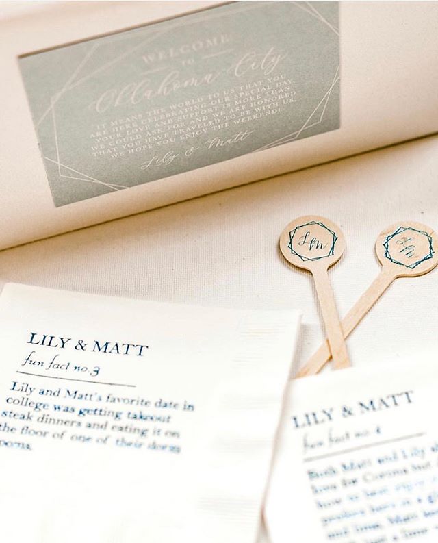 We love how Lily + Matt chose such a fun way to let their guests get to know them even more as a couple with &ldquo;fun facts&rdquo; on their cocktail napkins. 
Other details we love: 
custom monogram on stir sticks + sweet note on welcome boxes for 