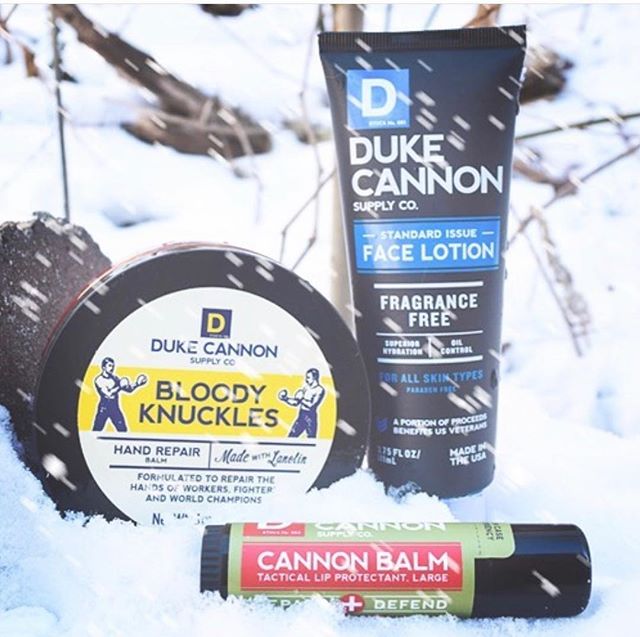 This cold weather, y&rsquo;all! ❄️🌨💨 My guy loves these @dukecannon products, but I sure do too. &bull;The Bloody Knuckles is absolutely my favorite hand cream. &bull;The chapstick is HUGE + very smooth and refreshing. &bull;Shop husband likes how 