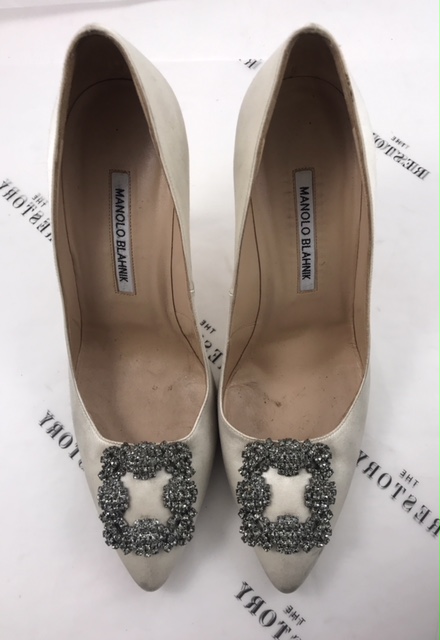 Before: stained silk satin Manolo pumps