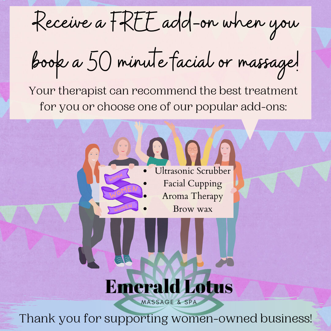 Celebrate International Women's Day all month long with a FREE* add-on when you book a 50 minute service! 🎉
Call 979.693.2600 to book your service!
*Add-on valued up to $20. Offer valid through 3/31/21.
.

.
.
#emeraldlotusspa #emeraldlotusmassagean