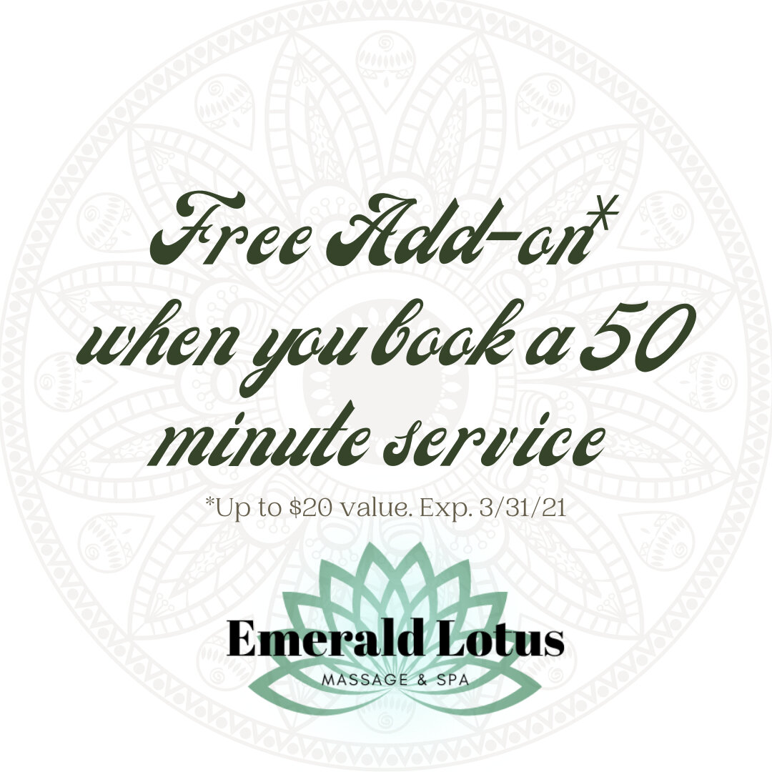 FREE add-on alert! Your therapist can suggest the best treatment for you or choose one of our popular add-ons:
🌿Aromatherapy
🌿Ultrasonic Scrubber
🌿Cupping
🌿Brow Wax
Call 979.693.2600 to book your appointment!
.

.
.
#emeraldlotusspa #emeraldlotus