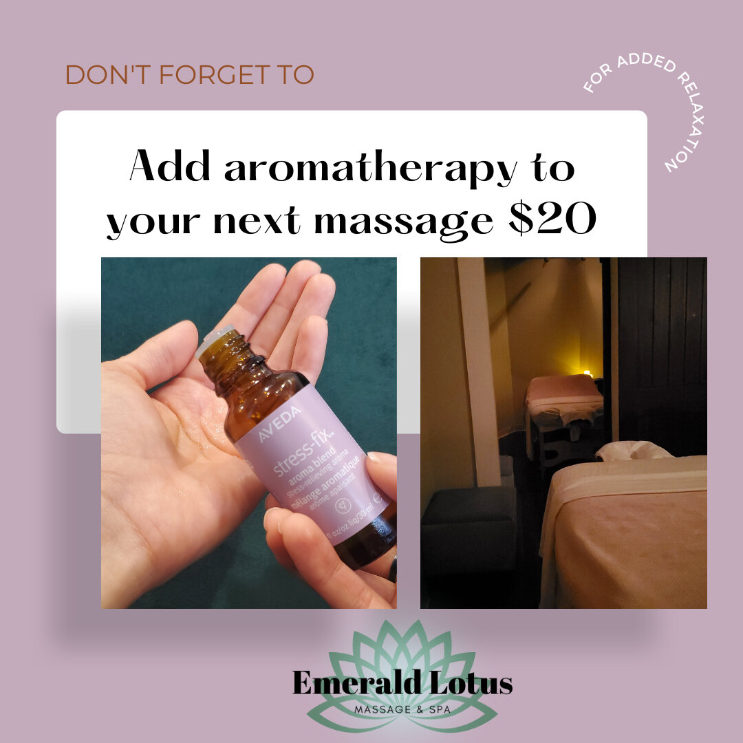 Why add aromatherapy? 
🌱Reduces stress and anxiety
🌱Improves sleep
🌱Eases muscle tension
Just pay $20 to add to your next service.
Call (979)693-2600 to book your appointment. 
.
.
.
#emeraldlotusspa #emeraldlotusmassageandspa #shoplocal #facelogi