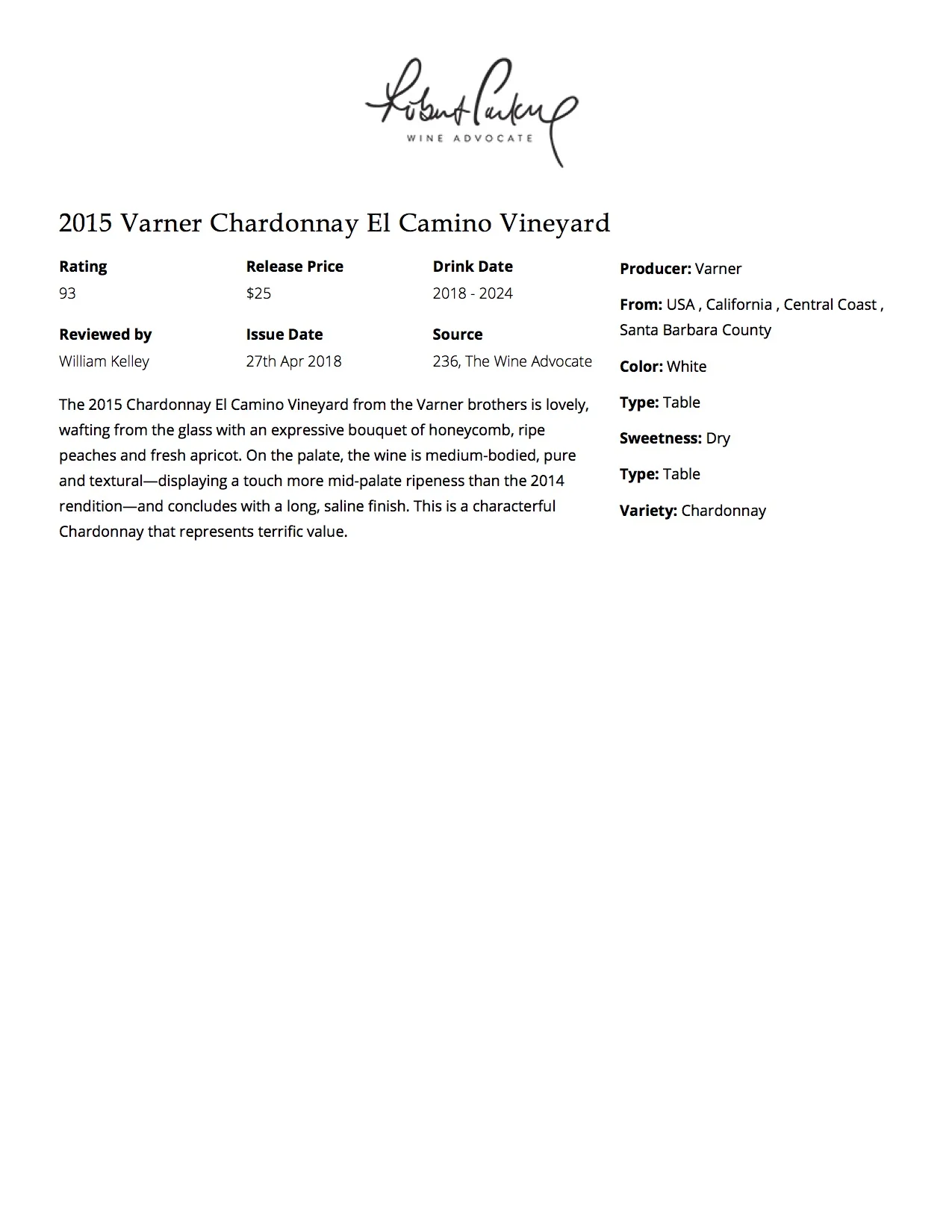 2015 Varner Chardonnay El Camino Vineyard - Robert Parker Wine Advocate.jpg