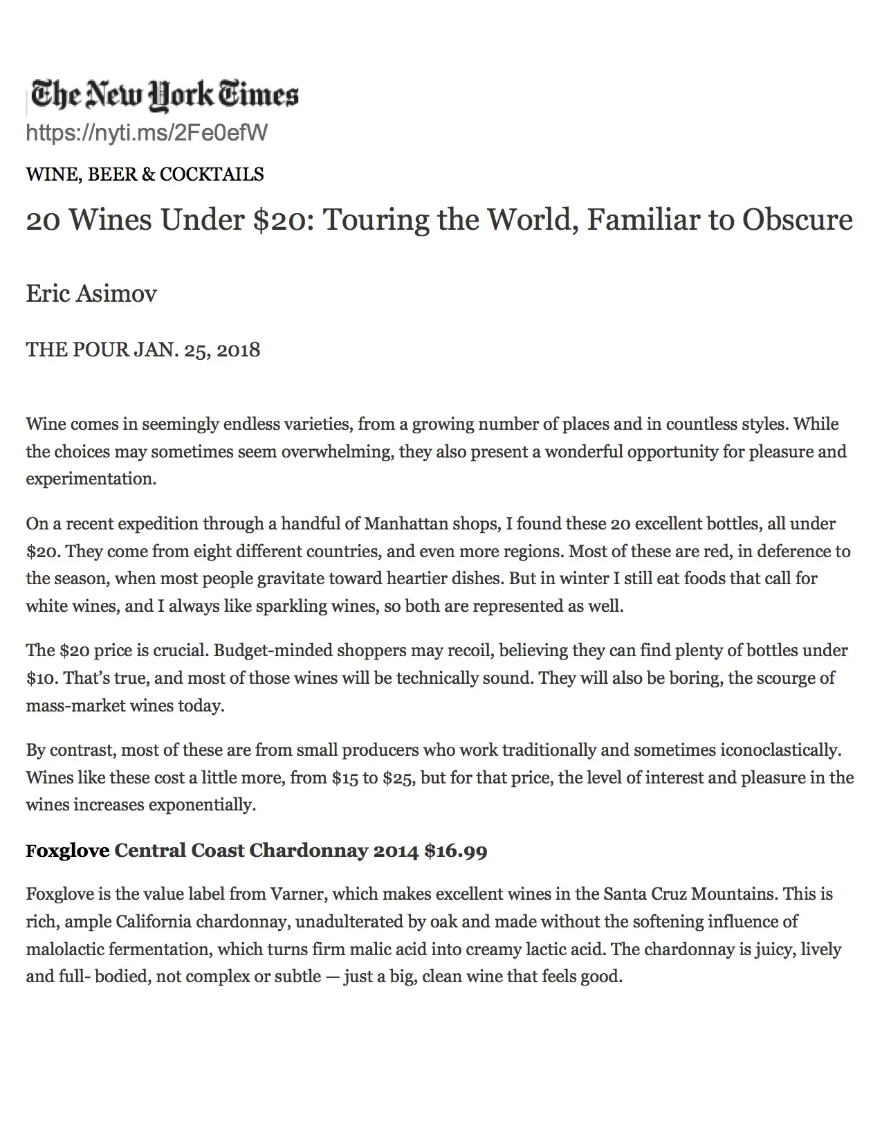 2014 Foxglove Chardonnay 20 Wines Under $20: Touring the World, Familiar to Obscure - The New York Times.jpg