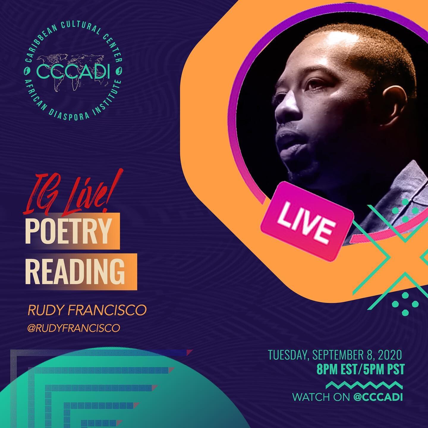 LIVE! This Tuesday we have the talented  @rudyfrancisco for our next IG live Poetry series! The Poetry slam champion will be blessing the @cccadi virtual stage  at 8pm est/ 5pm pst

____
#cccadi #iglive #poetry #slamchamp #poetrylive