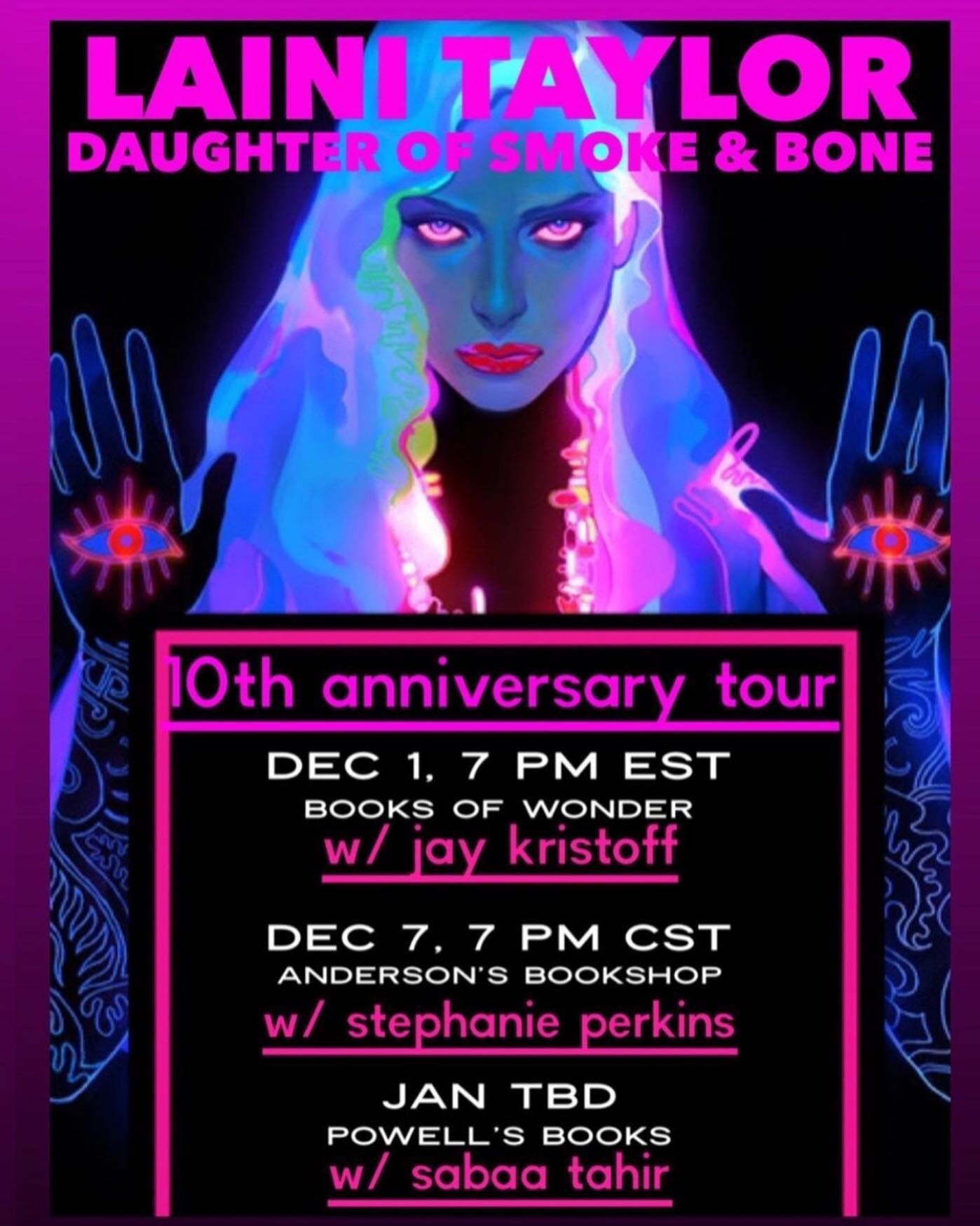 Monday night! I&rsquo;m talking about tenth anniversary editions (!!!)&mdash;DAUGHTER OF SMOKE &amp; BONE and ANNA AND THE FRENCH KISS&mdash;with the magical @lainit for an online event with @andersonsbookshop. Laini was my first published author fri