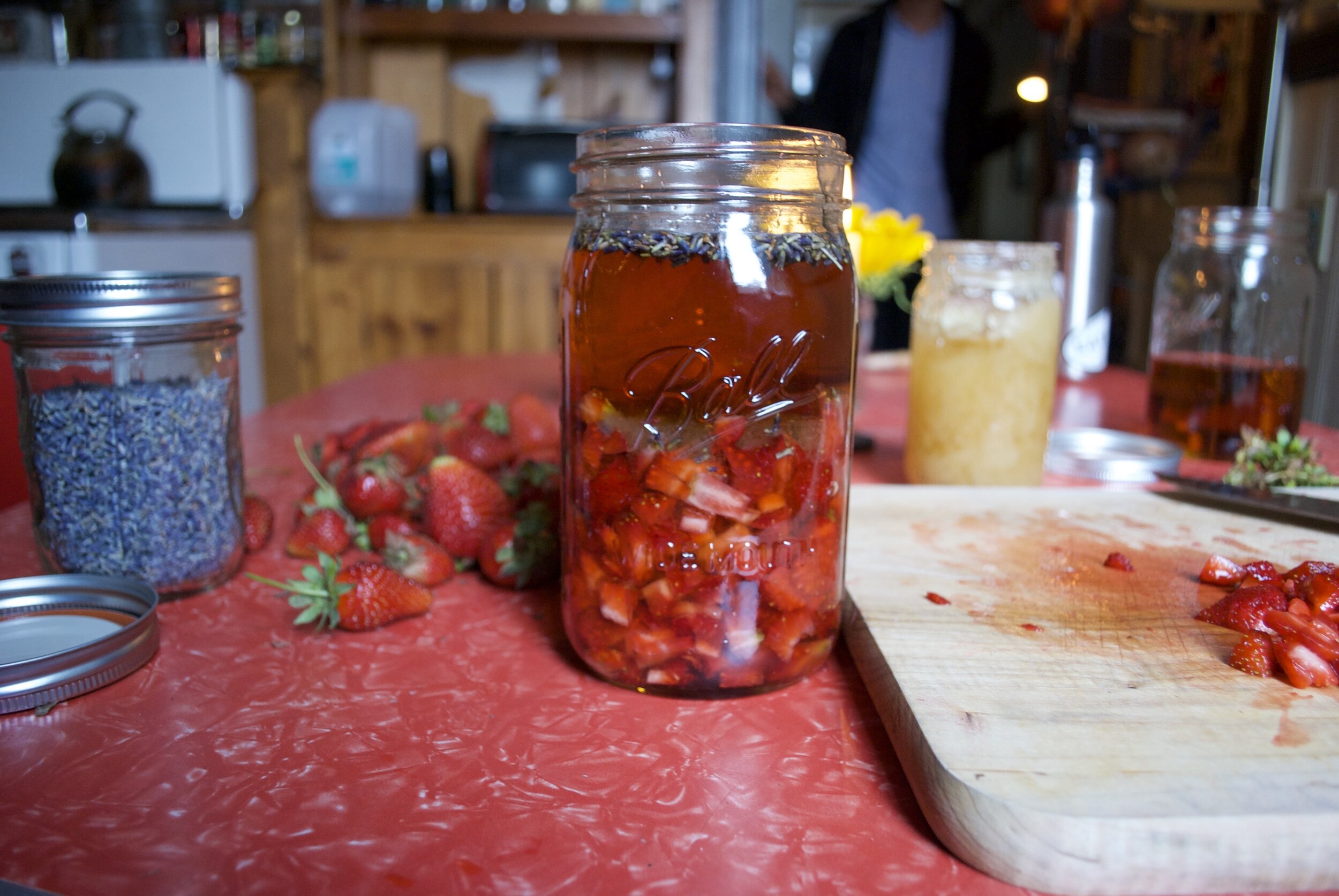 Strawberry cordial being made several years back.