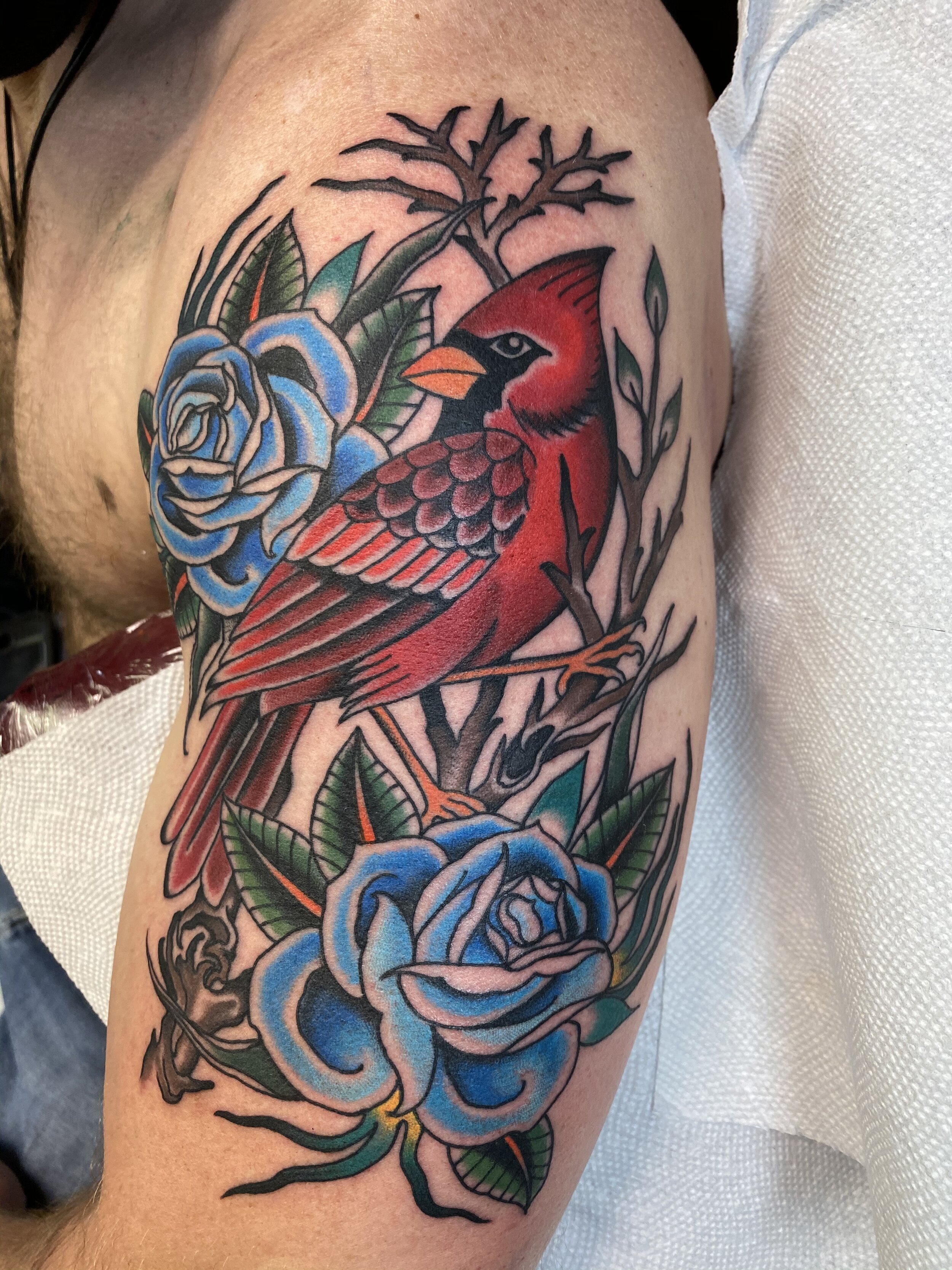 catjohnson:bluebird-bird-rose-iris-lily-of-the-valley-color