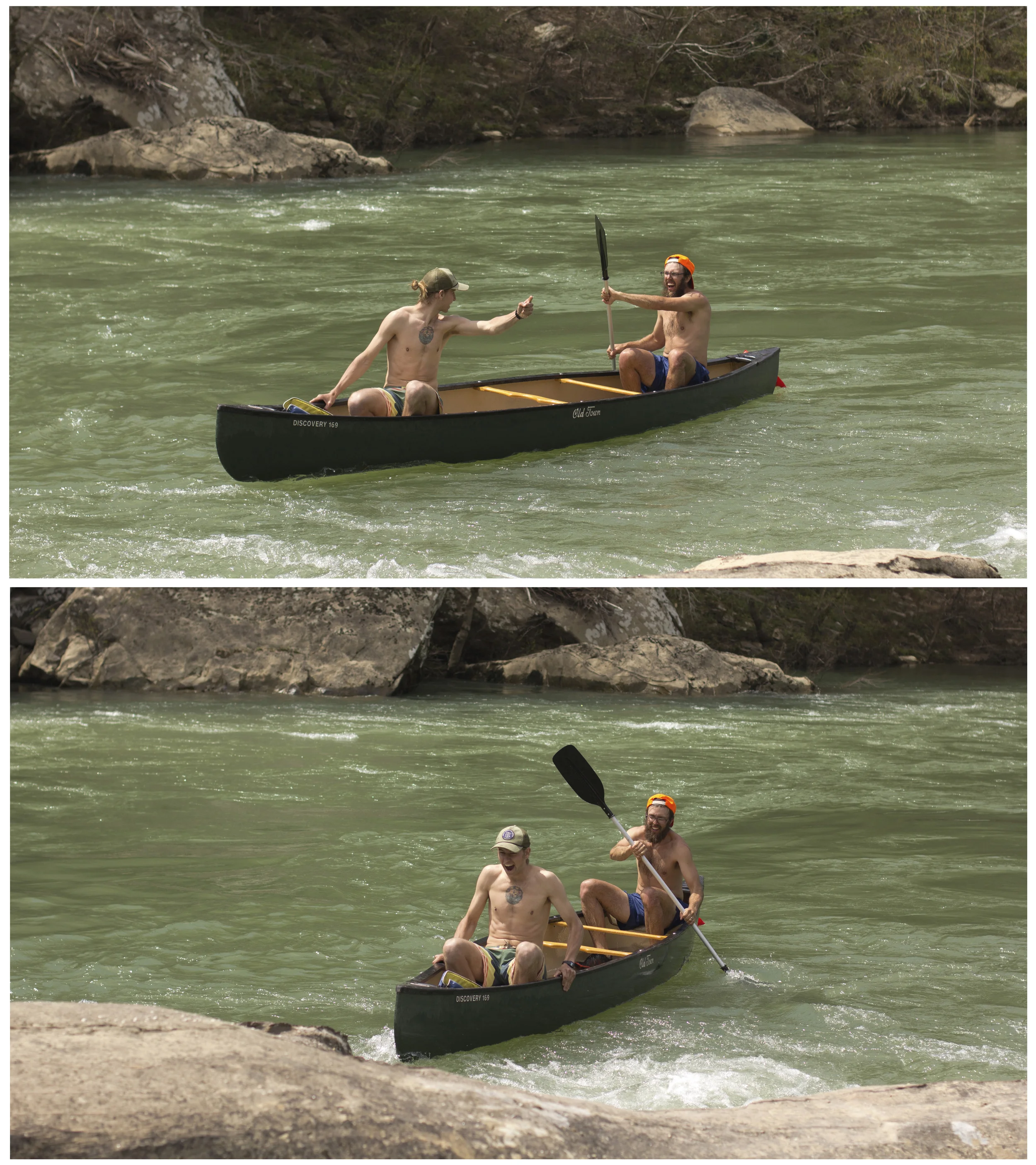 In a very similar way that sound tracks create mood, tension, and suspense in movies the slow crescendo of the rapids without the sight of them in front of us caused an uneasiness and stirred a dormant doubt to the forefront of our minds. “This sounds like a lot of water… Are we going to make this one?” All the quiet is stirred into chaos and white noise. The river shifts from Dr. Jekyll to Mr. Hide and reveals a more brutal side of its personality. With courage and adrenaline pumping we threw anxieties into the river and plunge into the white water. Always trying to find the driest line as the currents twist and pull us in hazardous directions. The waves break heavy on the bow of the broad canoe and the fore paddler is always in for a few buckets worth of water in the heavy rapids.