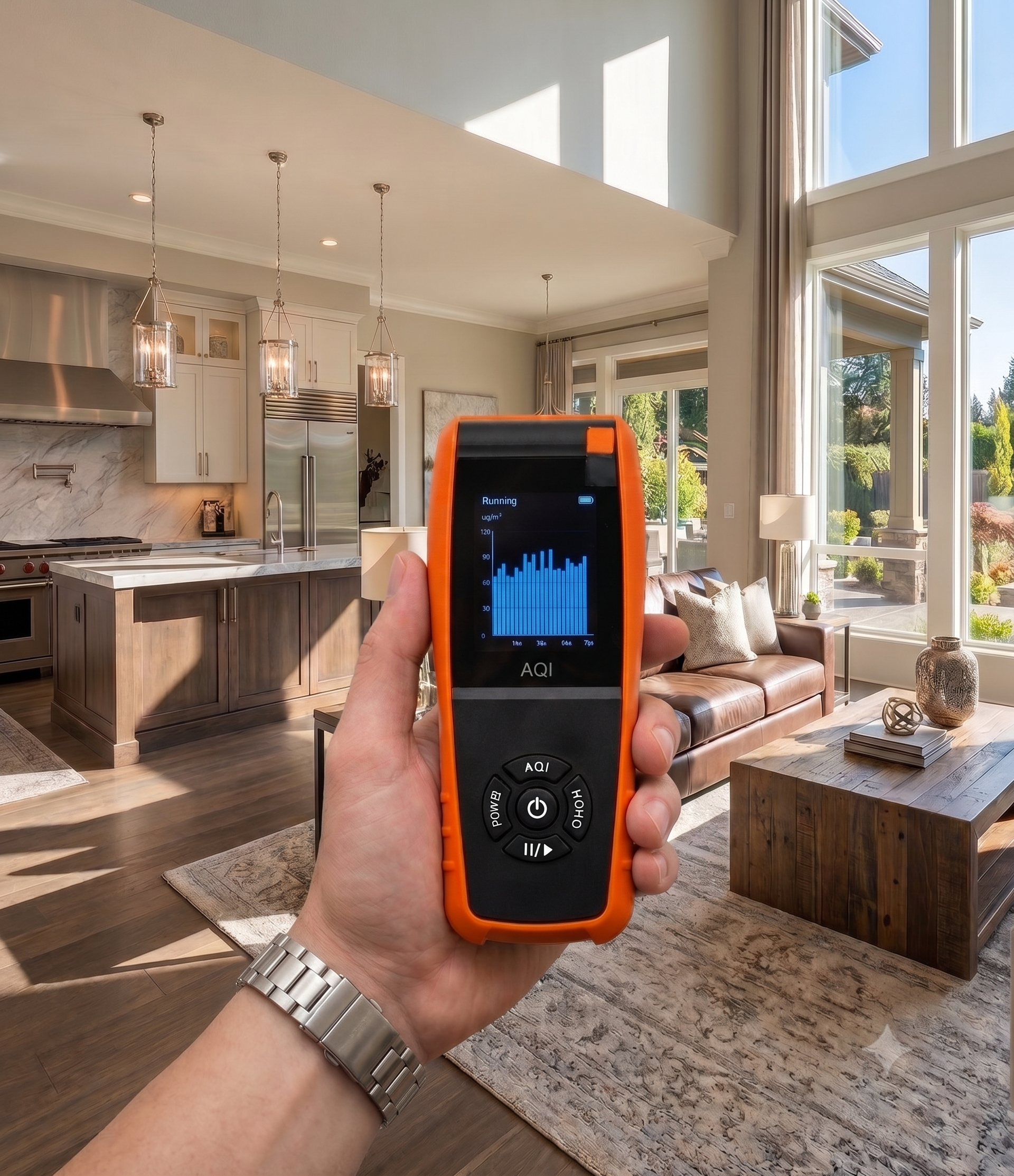 Environmental inspector taking real time PM2.5 and PM10 particulate readings and wall moisture measurements