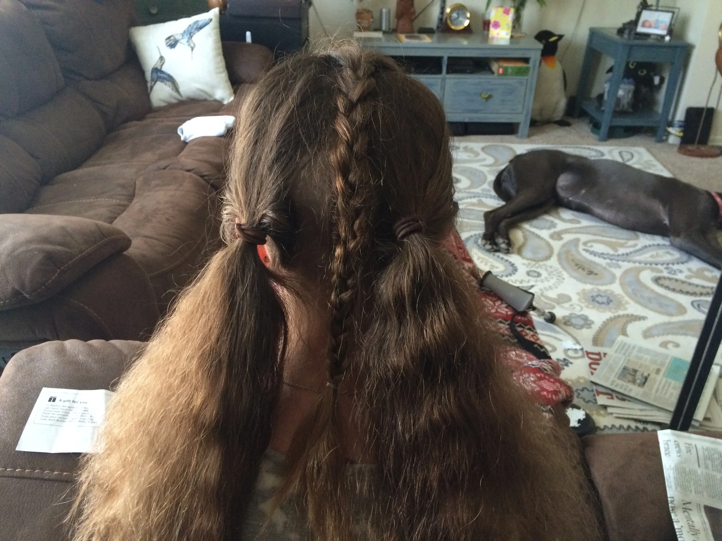 A failed attempt at "pretty-ing" up! Good Gawd! I can't wash my hair as much as I'd like, because of the incision, and because of the braiding, it's crazy frizzy. I look like Cousin It! 