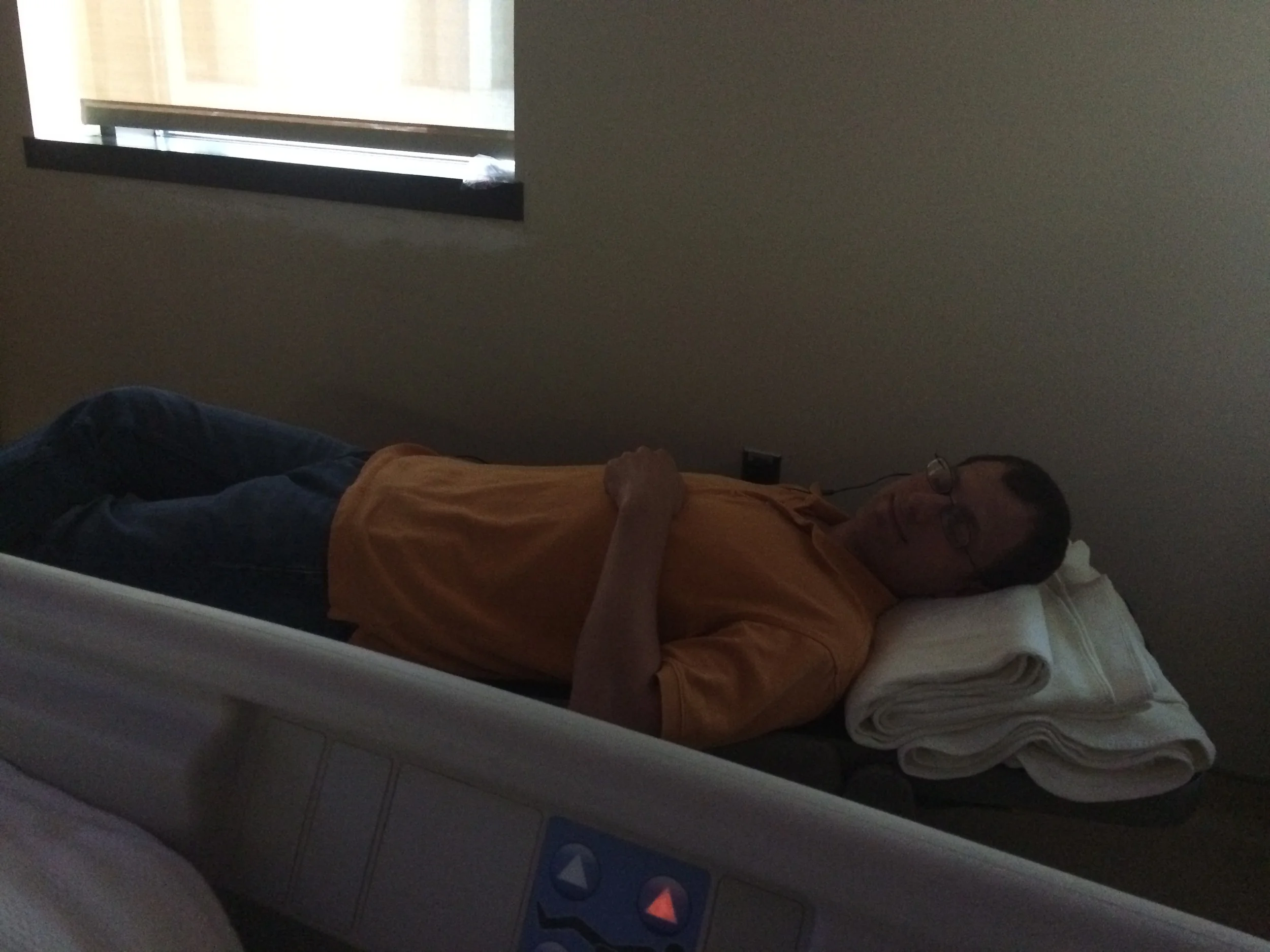 I snapped this picture after my first surgery. This is my husband, sound asleep on the chair-bed, next to my hospital bed. He set his phone alarm to go off, every ten minutes, so I could push my pain-pump meds and never get behind on my meds. To say he didn't get much sleep is an understatement. So, I'm glad he got some amusement from my pain meds this time.