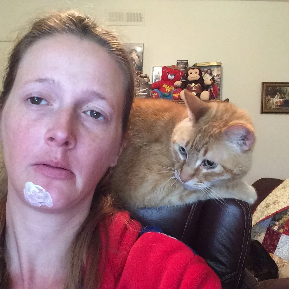 Still not gone... Homer is suspicious that he will have to adapt to a new member of the family. By the way, do I look tired enough? Also...this is what a person born without eyebrows looks like before she puts makeup on. It's scary, right? No, I don't, or didn't pluck them that way. I've never, ever seen, or used tweezers, IN MY LIFE! Born this way.