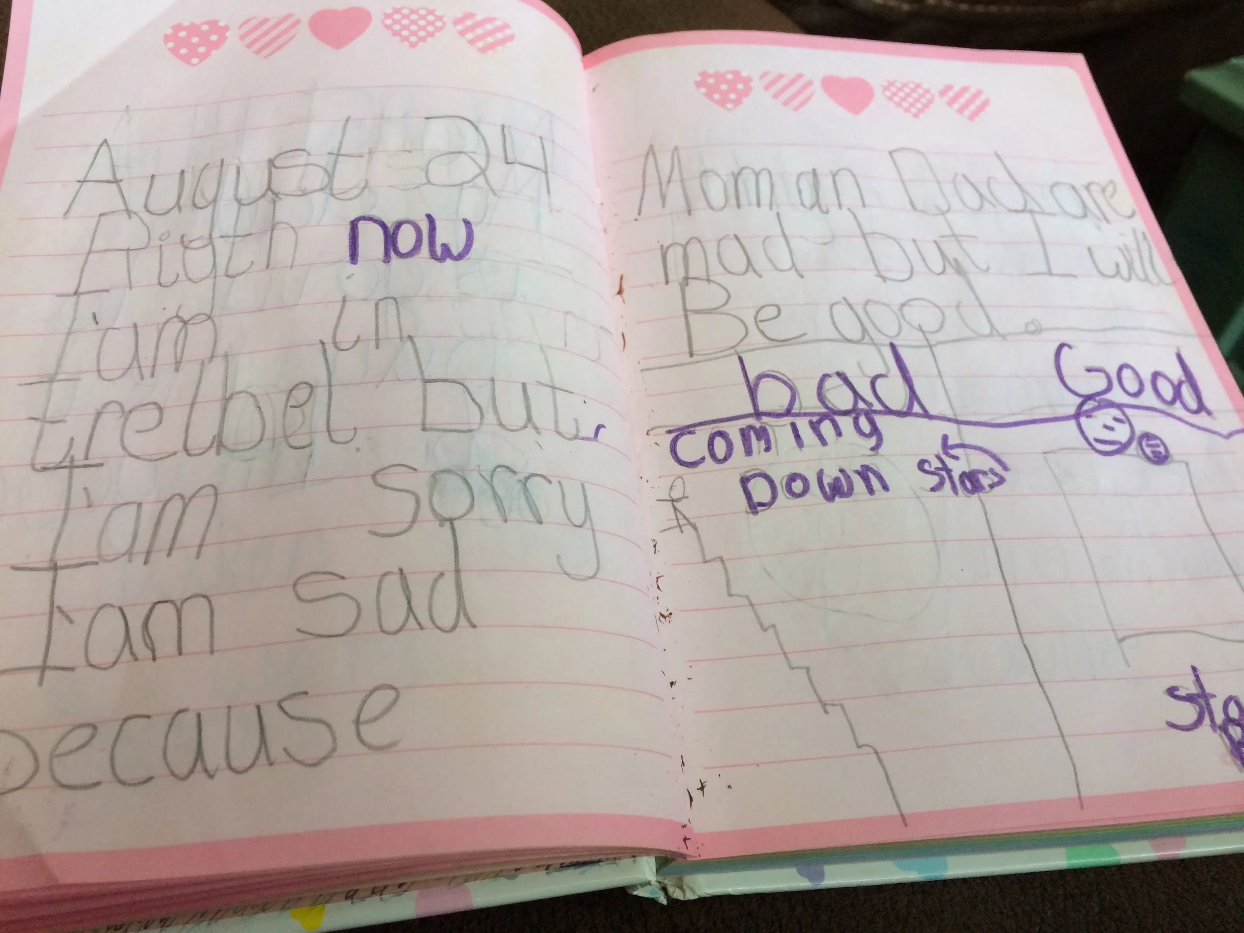 All my journal entries when I was "in trouble," are about how I will try harder to be "good." It's actually quite sad, when you think about it. It's burned into this sad little girl's mind that she's not good enough, that if she just tries harder, her parents will love her and stop hitting her, stop telling her she's ruining everything. If only I could tell her that nothing she'll ever do will be enough for them. It doesn't matter how many times you stay in your room, they'll still hate you, sweet girl.