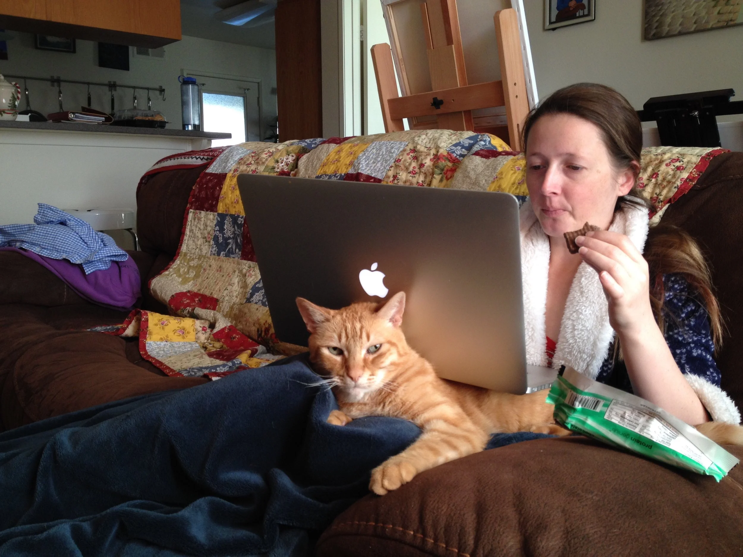 This is a long post, right? I started writing it yesterday morning, while I was still in pajamas. Homer is an old boy, and he likes sitting with me, no matter what I'm doing. Bryon thought it was amusing that Homer was, quite literally, being a desk. I thought it was amusing too. Homer doesn't find it as amusing as we do.