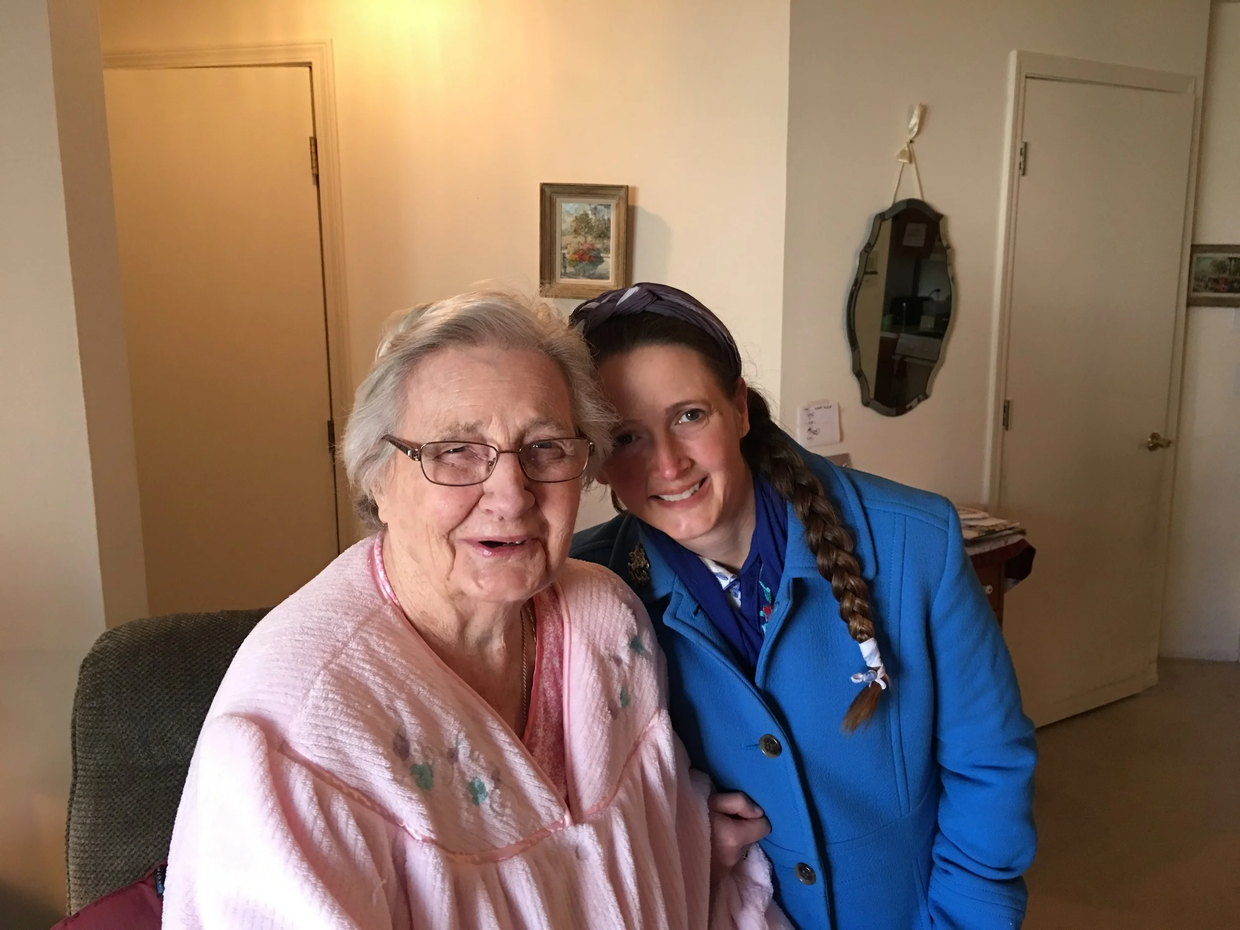 One more of my Grandma and me. You'll notice I'm wearing a full-up winter coat. Like a California asshole, in Michigan, when it's 50-degrees. It was fucking cold to my California blood! Does my having wet-hair excuse me? I think it does.