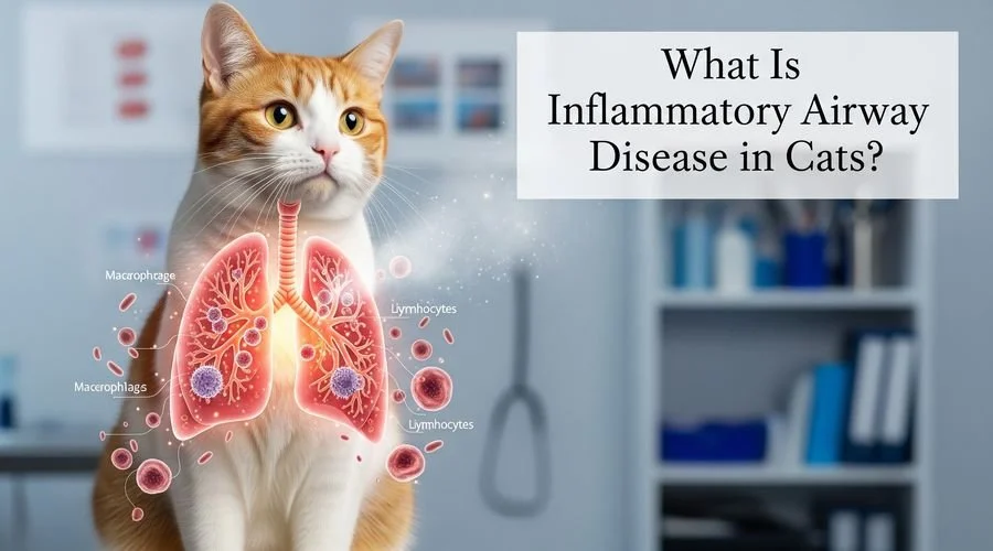 yellow cat sitting with lung diagram on chest with bold words saying what is inflammatory airway disease in cats?