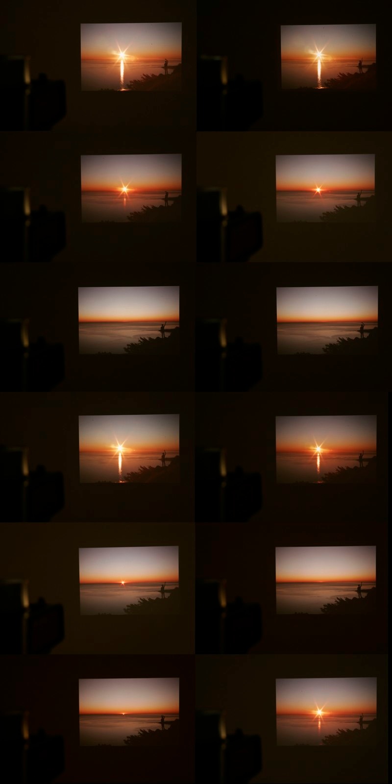 it's hard to find you because i can't quite see what you mean to me, 2009 80 consecutive slides of a figure waving at a sunset and a sunrise, slide projector.