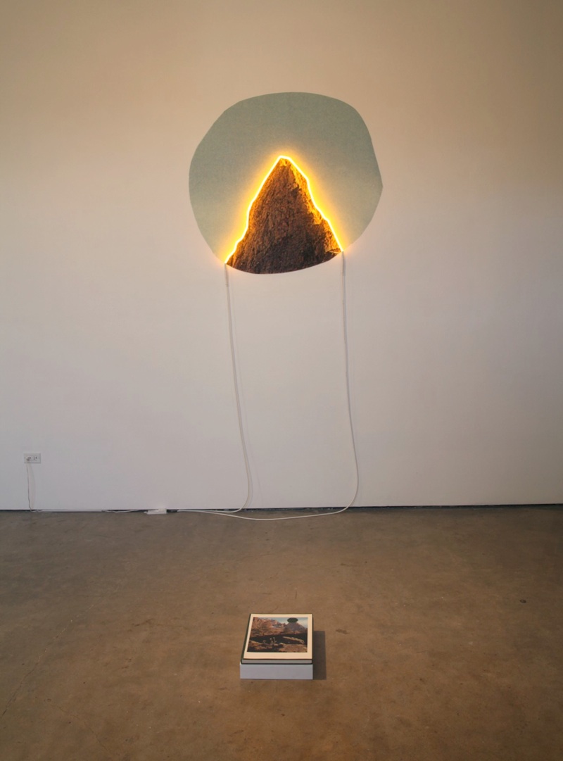 the departure of together, 2010 archival pigment print, neon, found book, lithograph print, dimensions variable