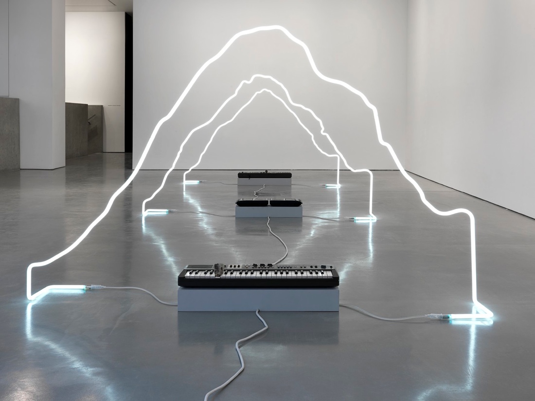 in defiance of being here, 2013 neon, Panasonic cassette recorders, cassettes, Casiotone MT-68 keyboards, rocks. dimensions variable
