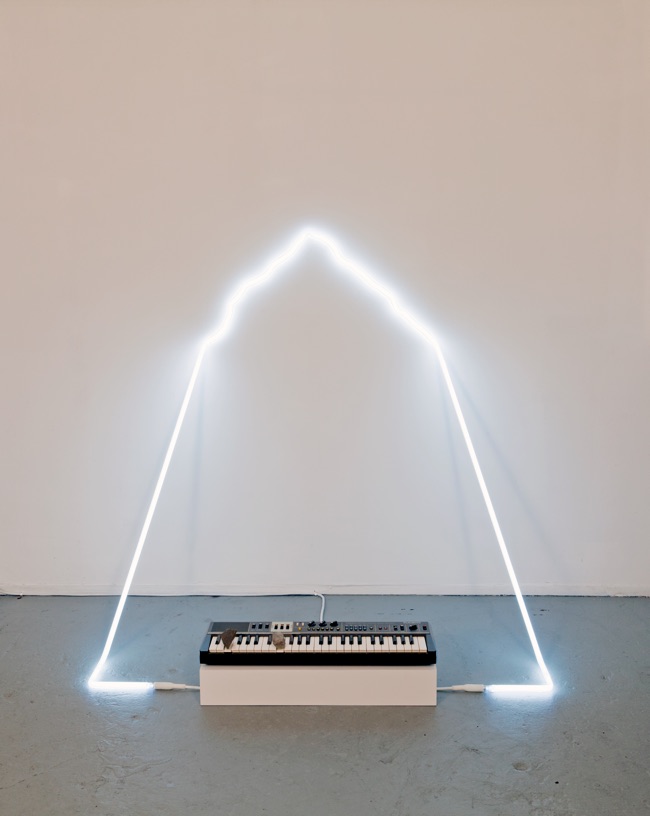 in defiance of being #4, 2014 neon, Casiotone MT-68 keyboard, rocks, dimensions variable