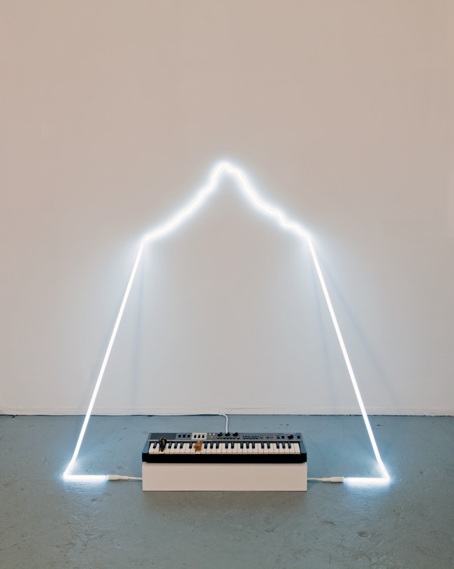 in defiance of being #3, 2014 neon, Casiotone MT-68 keyboard, rocks, dimensions variable