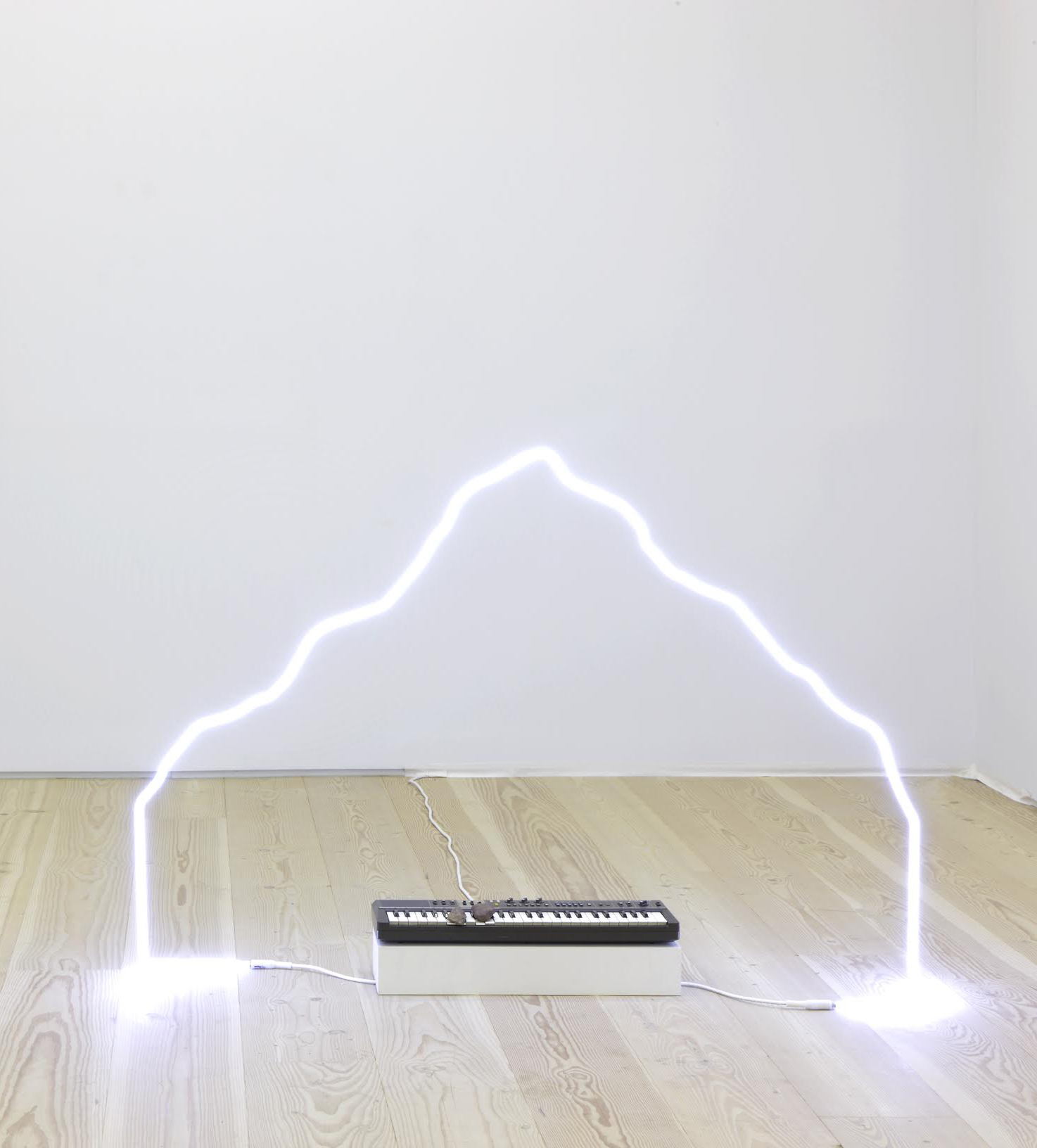 in defiance of being #2, 2014 neon, Casiotone MT-68 keyboard, rocks, dimensions variable