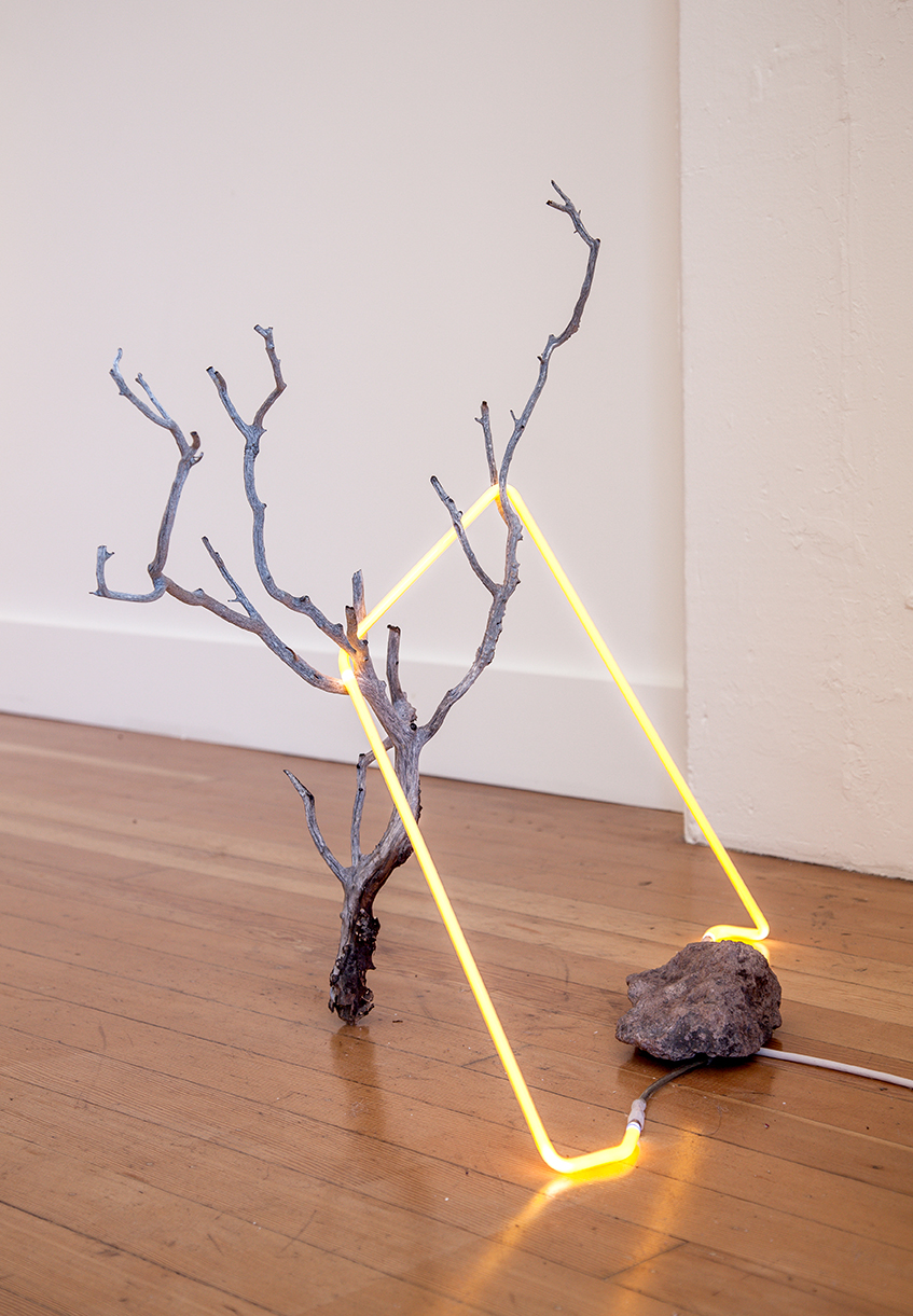 an outline of a thought as it refers to its inner self #1, 2016 neon, found branch, modified rock, 74cm x 74cm x 43cm / 29" x 29" x 17"