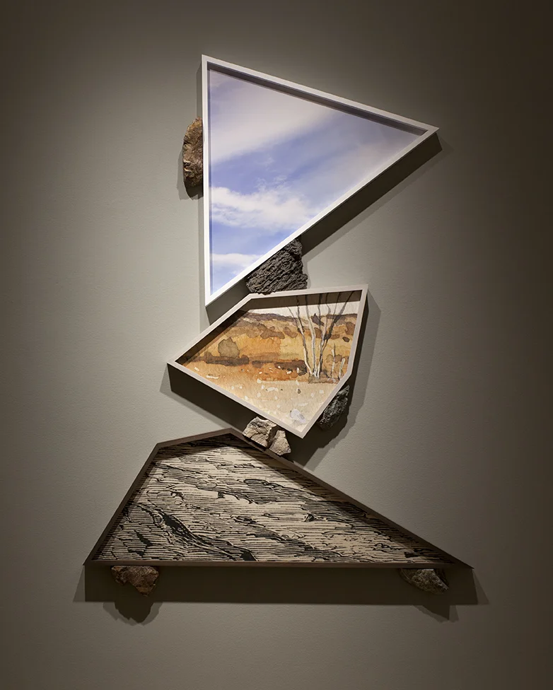 the shape of a description (stack 3), 2019 three archival inkjet prints, modified rocks, 121cm x 167cm / 47.5" x 65.75"