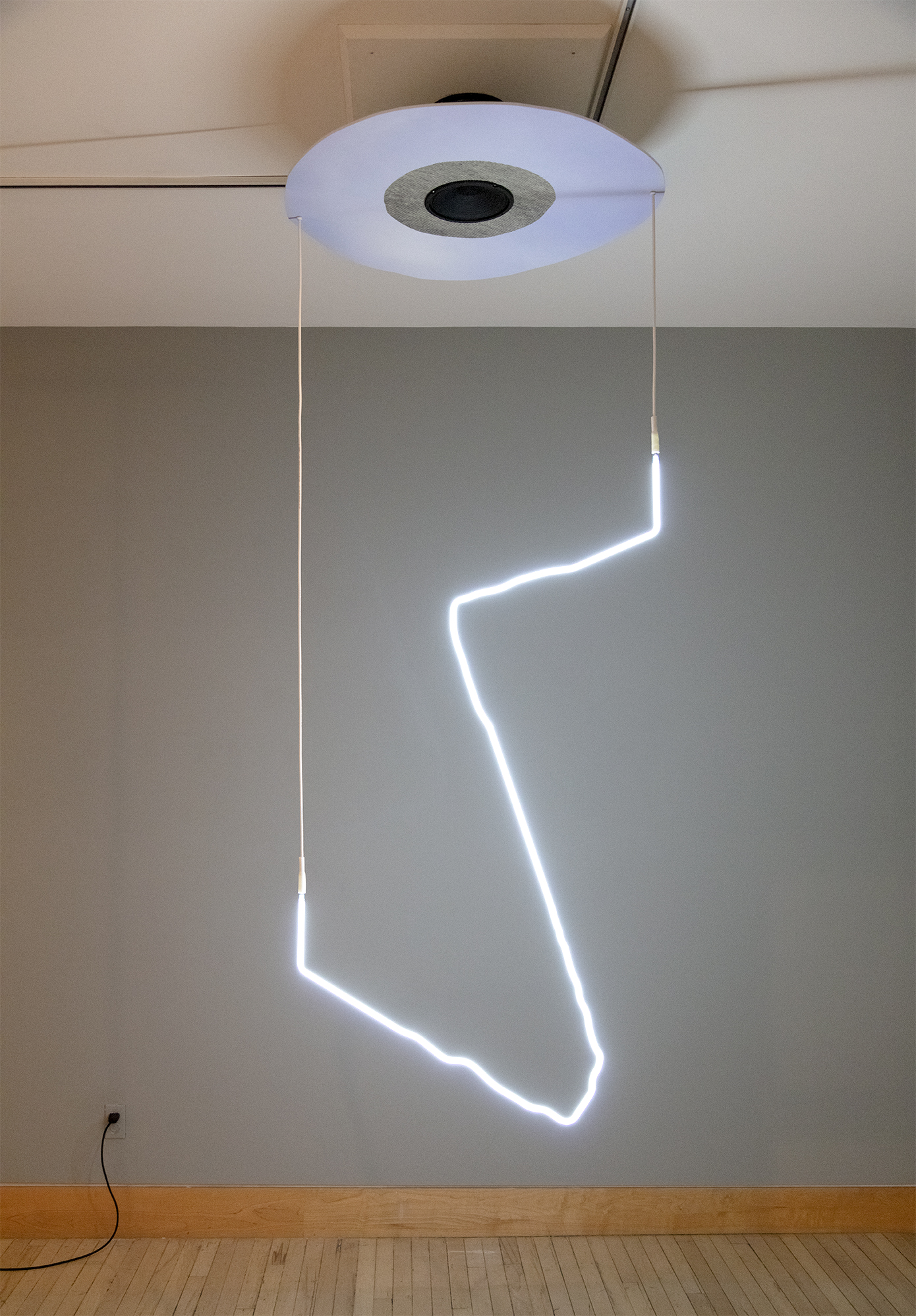in as it was, out as it is (and repeat), 2019 neon, two archival pigment prints, speaker, rotating motor, 86cm x 259cm x 84 cm / 34" x 102" x 33"