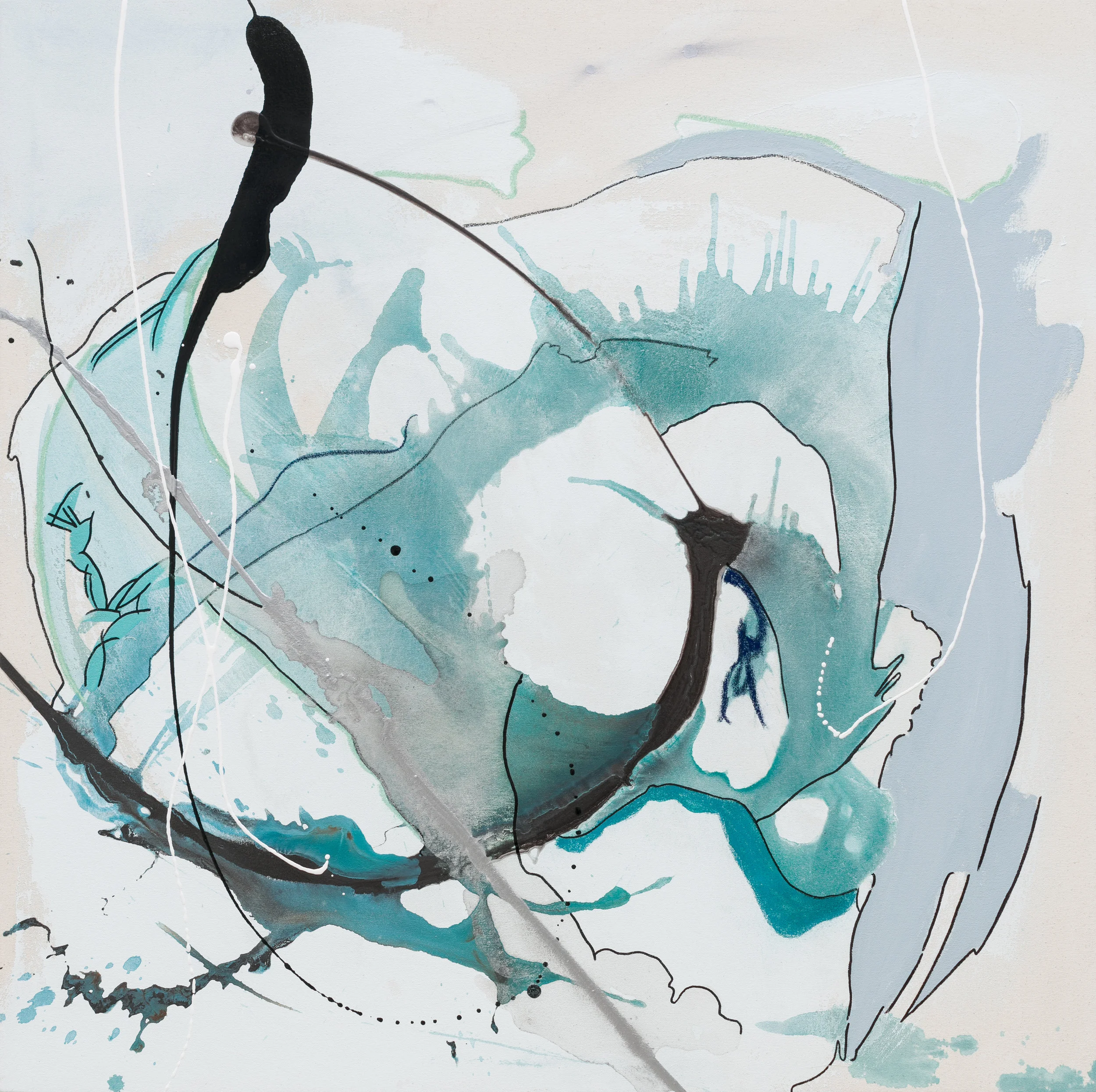 Swift as the Wind, 2019 36 x 36 x 3” Acrylic, enamel, pastel, charcoal and marker on raw canvas