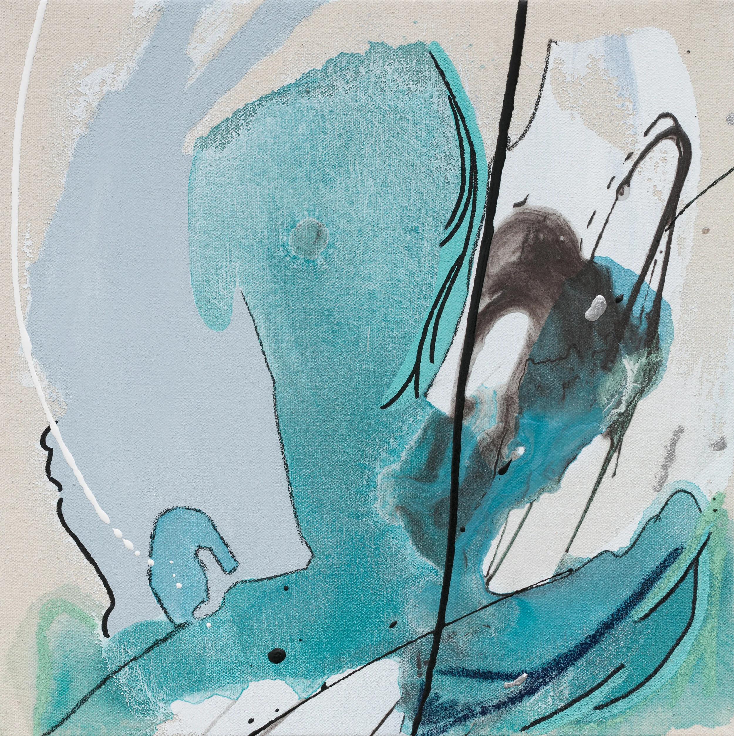 How Exhaustible was her Mindfulness , 2019 12 x 12 x 3” Acrylic, enamel, pastel, charcoal and marker on raw canvas