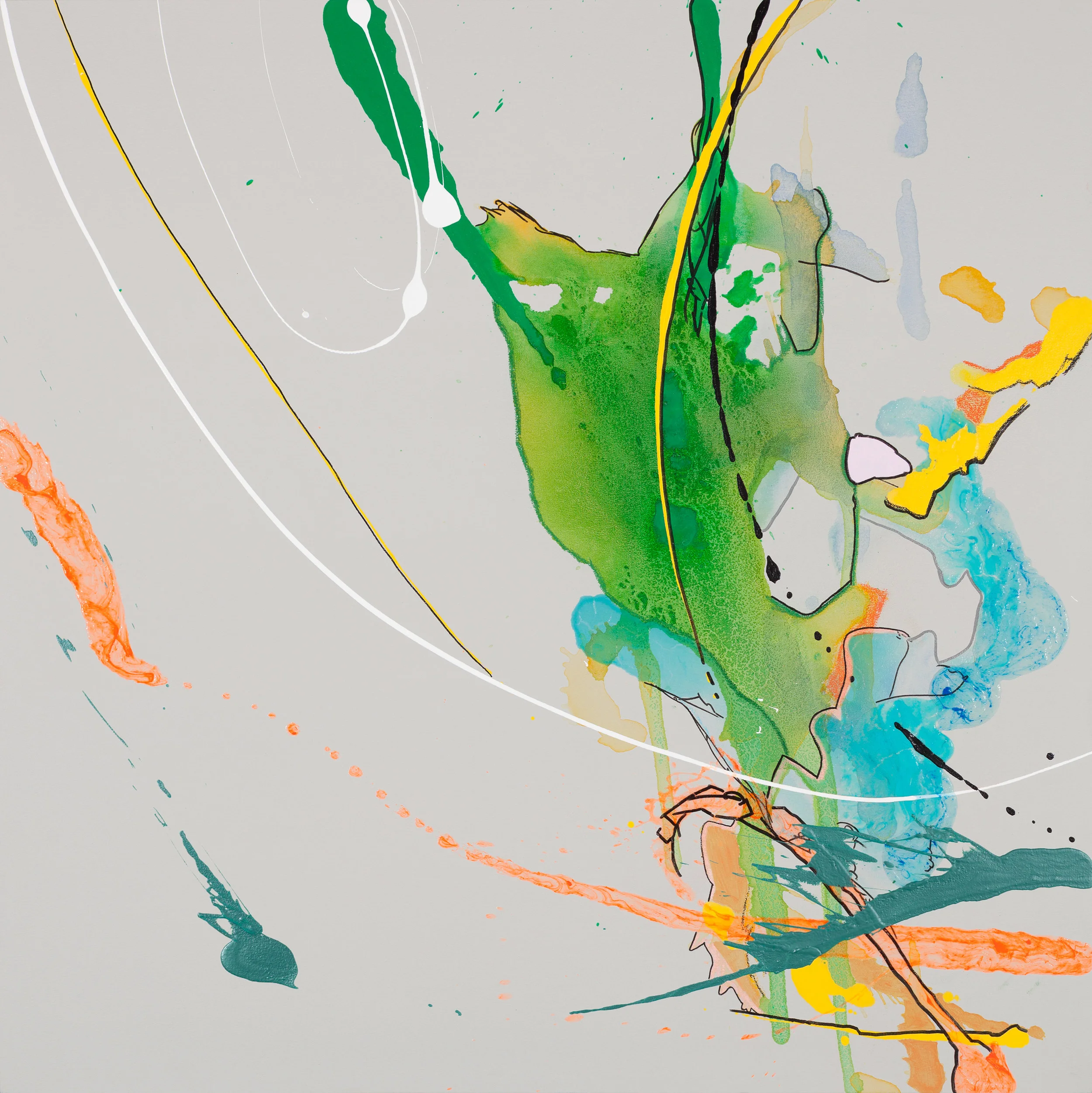 Distant Storms Passing , 2015 48 x 48 x 3” Acrylic, enamel, pastel, charcoal and marker on canvas